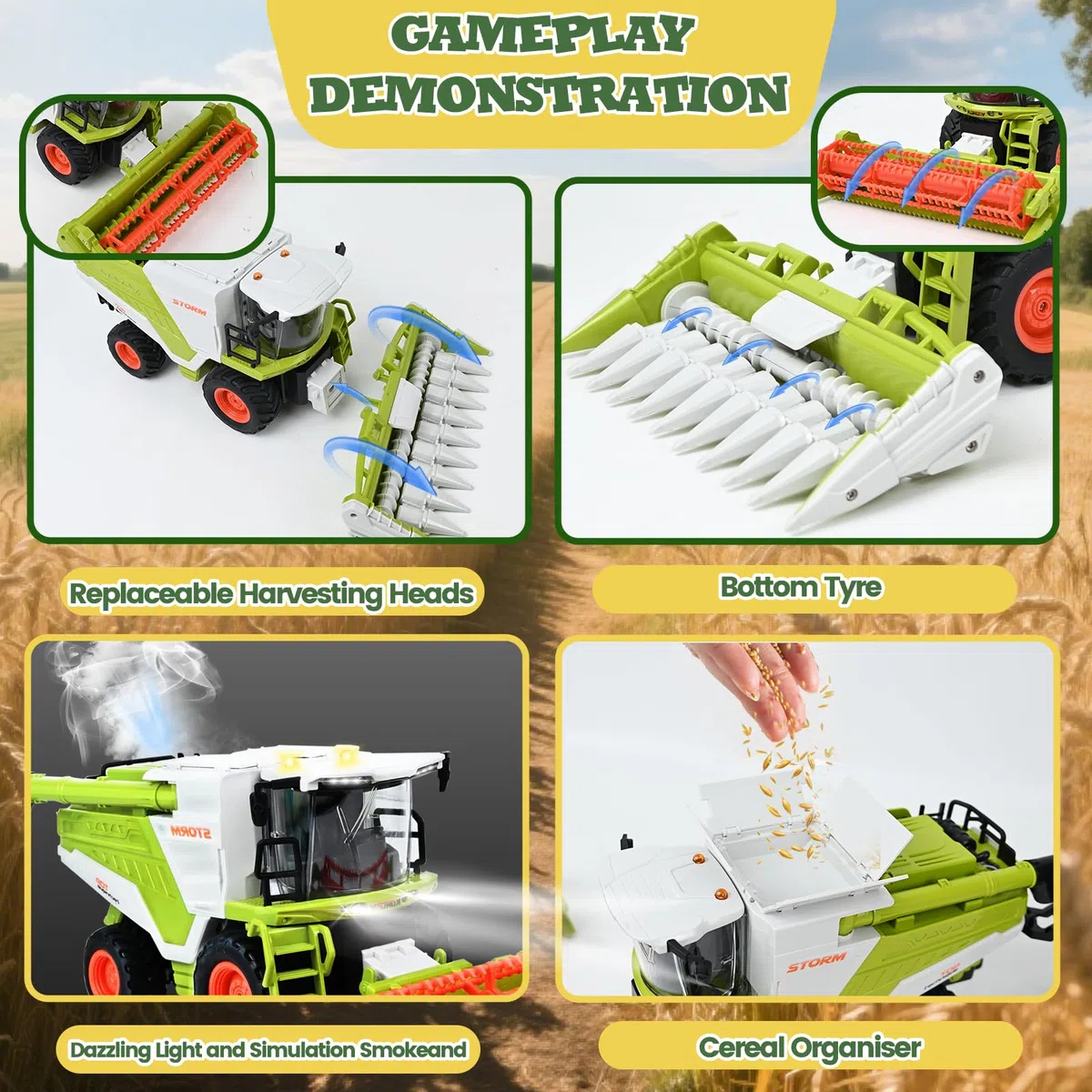 Joellfuner Mietitrebbia Telecomandata, RC Trattore Telecomandato, Mietitrice con Funzione Luce Suono e Spray, Trattore Agricolo Include Rimorchio, Giocattoli da Collezione per Bambini dai 3 Anni