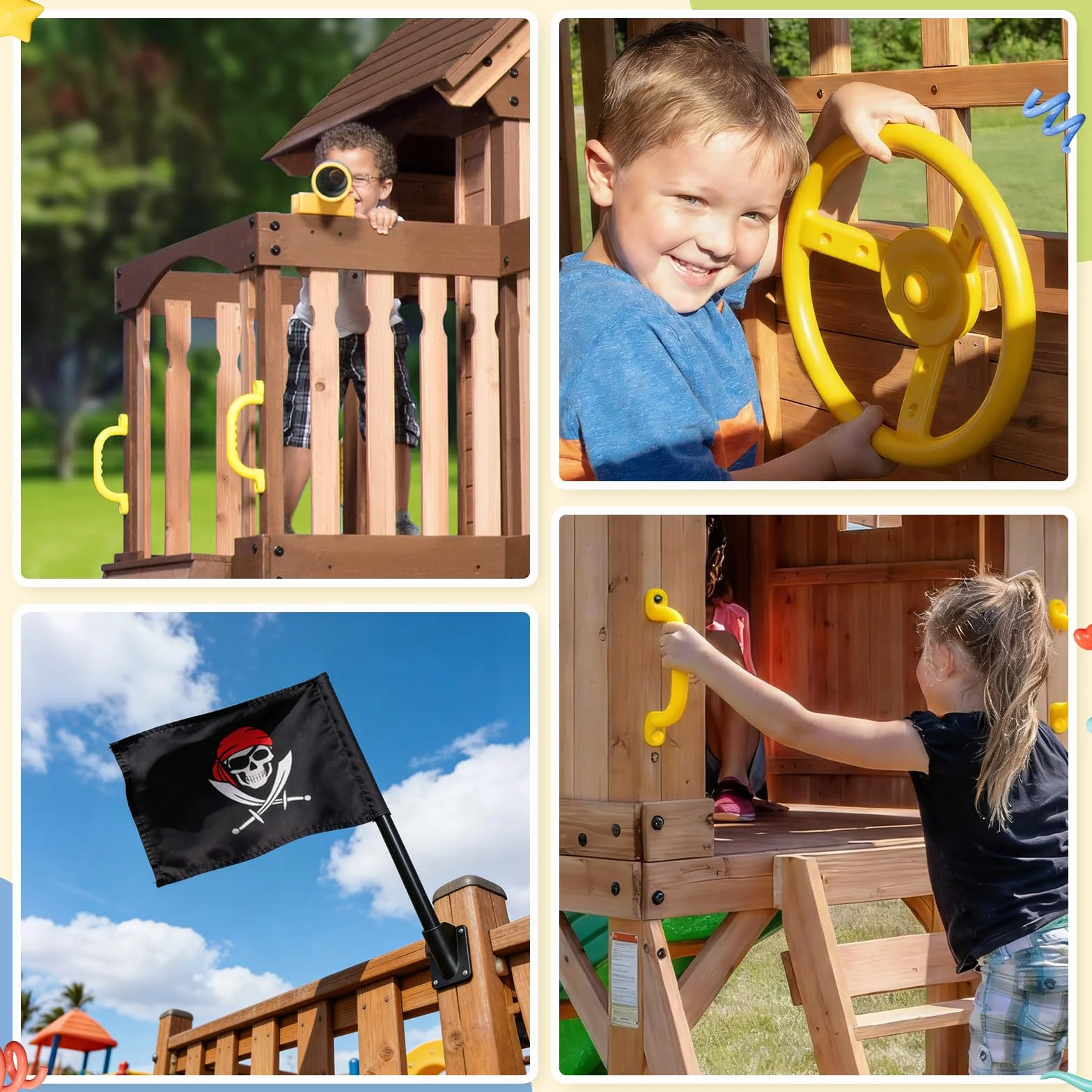 Set di Accessori per Torre di Gioco, Maniglie di Sicurezza per Parco Giochi con Volante,Telescopio e Telefono Giocattolo, Maniglie per Torre Giochi per Altalene, Parco Giochi, Alberi