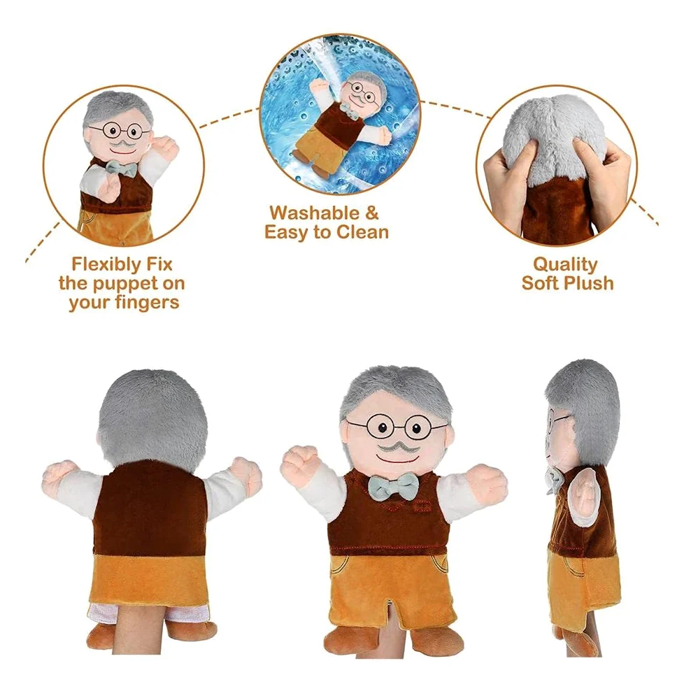 6Pcs Set di Marionette da Mano 11,8 Pollici Morbido Peluche Membri della Famiglia Marionette da Dito Prima Narrazione Educativa per Bambini (Nonno + Nonna + papà + Mamma + Figlio