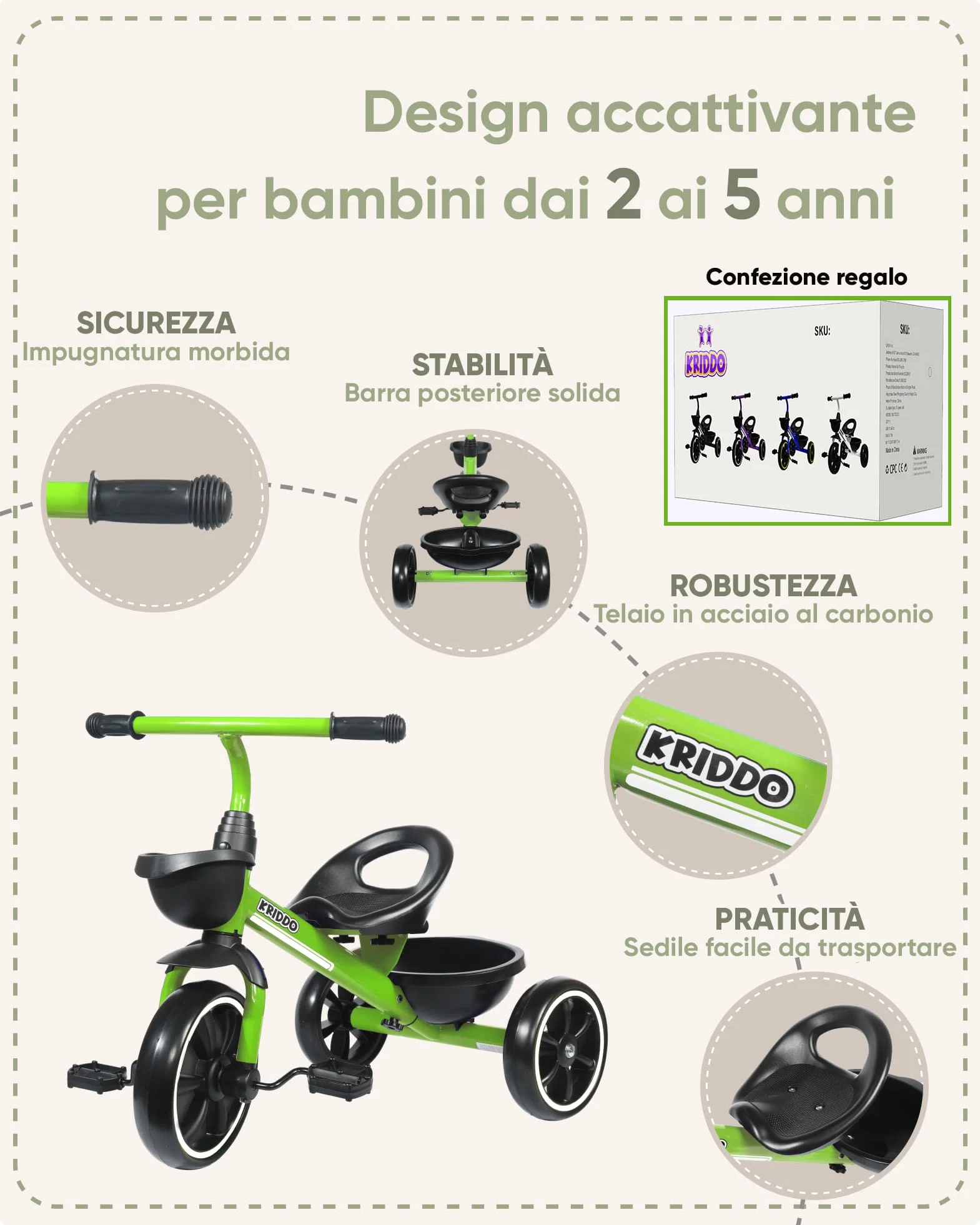 KRIDDO Triciclo per Bambini dai 24 mesi ai 5 anni, Tricicli per bambini da 2,5 a 5 anni, Triciclo Evolutivo da 2 a 4 anni, con Cestello Portaoggetti, Ideale da regalare, Verde