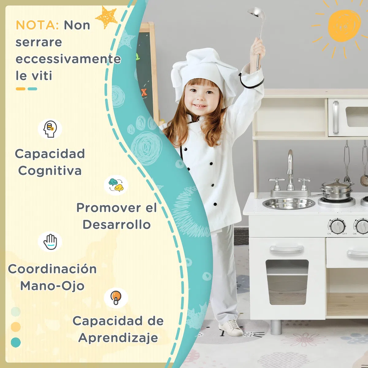 HOMCOM Cucina Giocattolo in Legno per Bambini con Lavandino e Fornelli, Pentole e Utensili in Acciaio, 74x30x81cm, Bianco