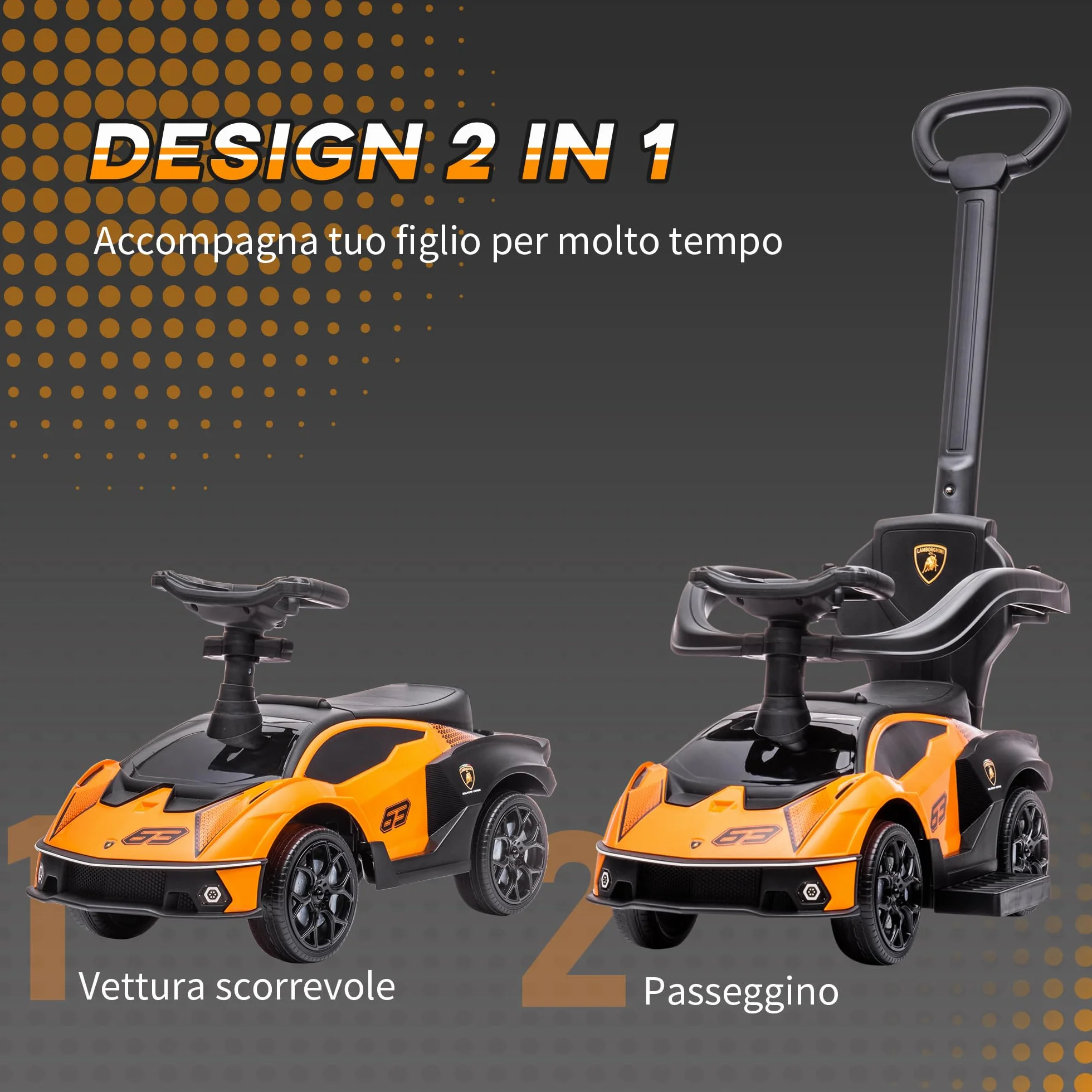 AIYAPLAY Lamborghini Macchinina per Bambini 2 in 1 con Maniglione e Barriera di Sicurezza, Volante e Clacson, Auto per Bambini in PP e Metallo, 86.5x40x89.5 cm, Arancione e Nero