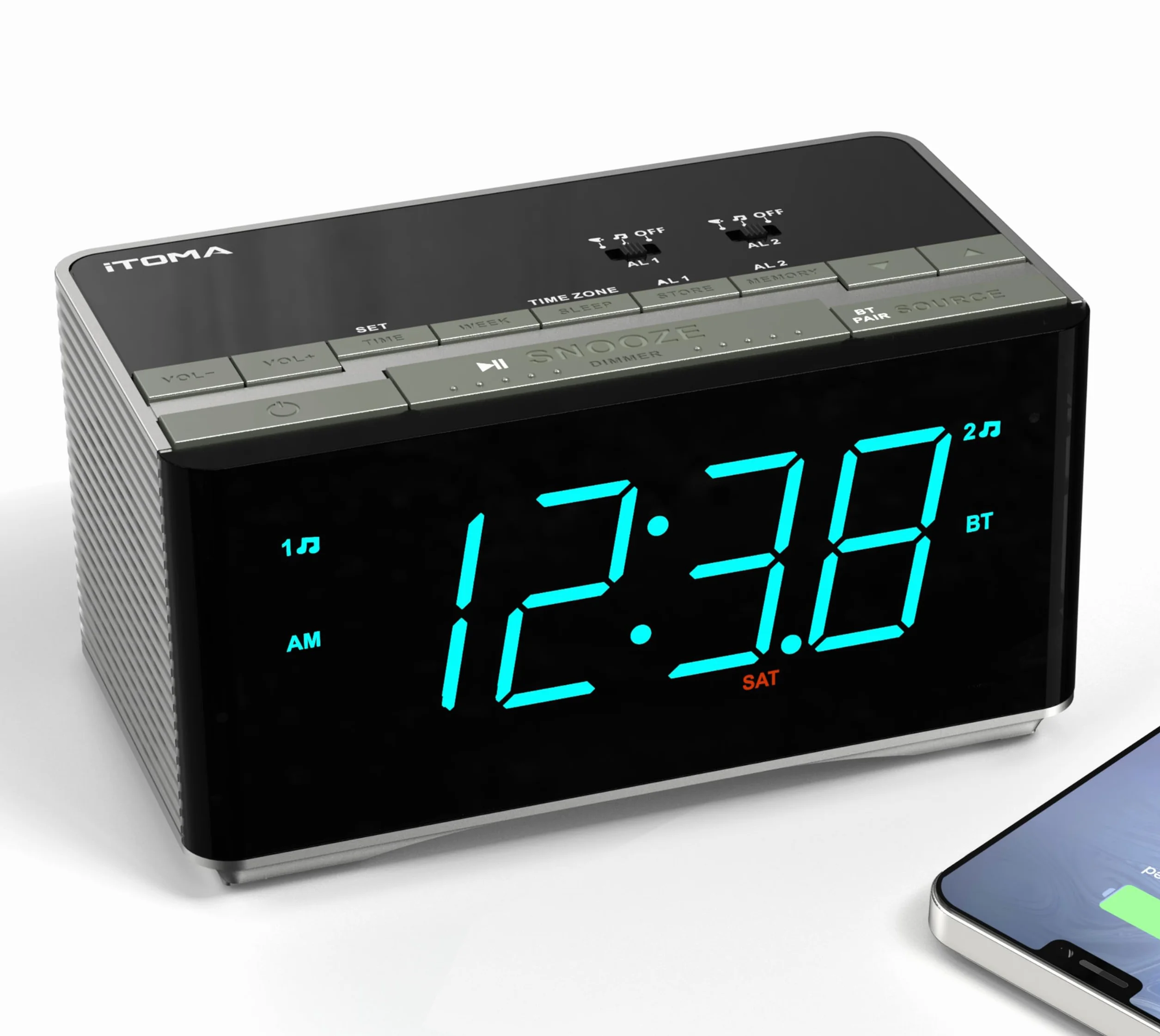iTOMA Sveglia radio-altoparlanti stereo Bluetooth, radio FM, doppia sveglia, snooze, dimmer di luminosità, ricarica USB, sveglia per camera da letto ufficio 3501