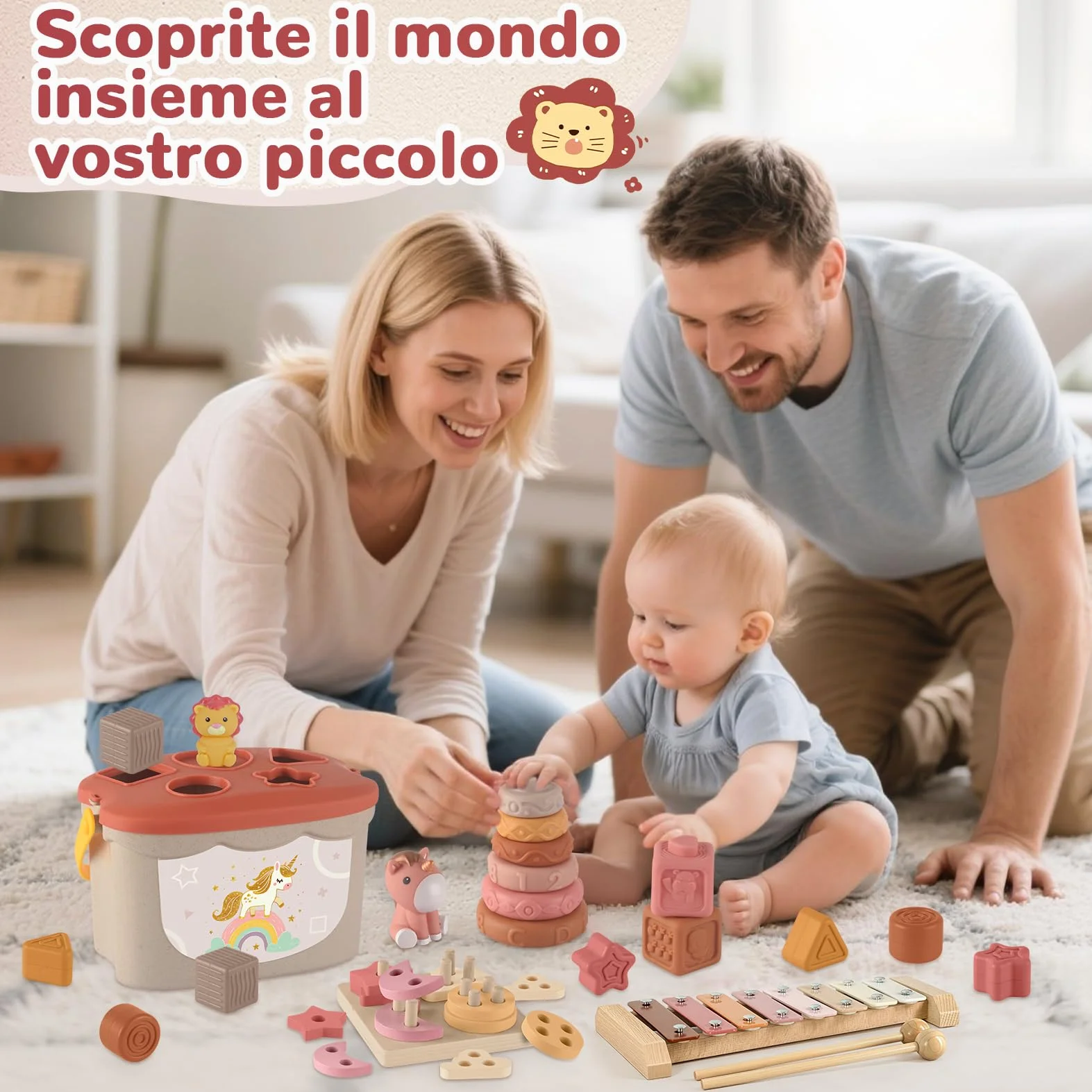 Giochi Neonato 6-9 Mesi, Giochi Montessori 6 Mesi 1 Anno 5 in 1 Educativo, Giocattoli Bambino 6-12 Mesi, Giochi Snsoriali per Neonati, Giocattoli Impilabili, Regalo Bambino 6 9 12 Mesi