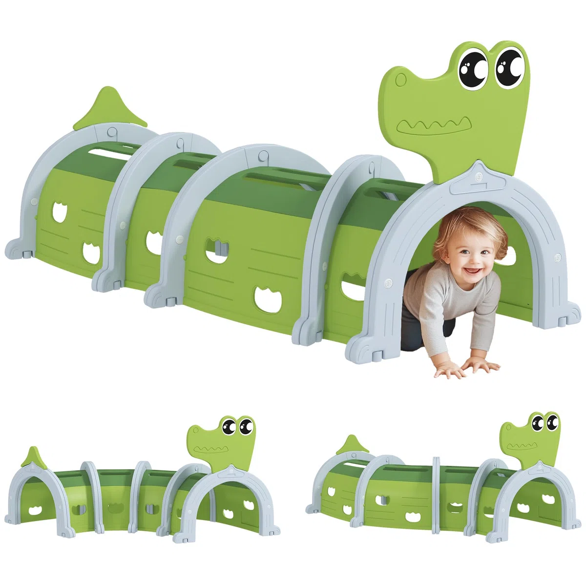 AIYAPLAY Tunnel da Gioco per Bambini 3-6 Anni a Forma di Coccodrillo, Tunnel Gioco da Interno ed Esterno in Plastica, Modulabile in Diverse Forme, Adatto per Asilo e Parco Gioco, Verde