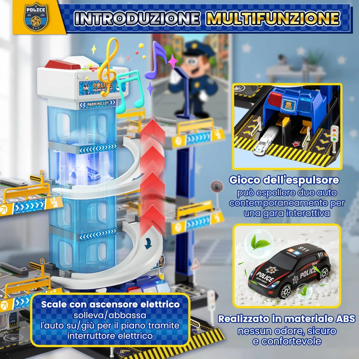 BuzzoXerex 5 Piani Garage Mmacchine per Bambini, Parcheggio Macchinine con 14 Autos e 2 Elicottero, Giocattolo Auto Garage con Ascensore e Rampe, Idea Regalo per Bambini 5 6 7 8 9 Anni (Polizia)