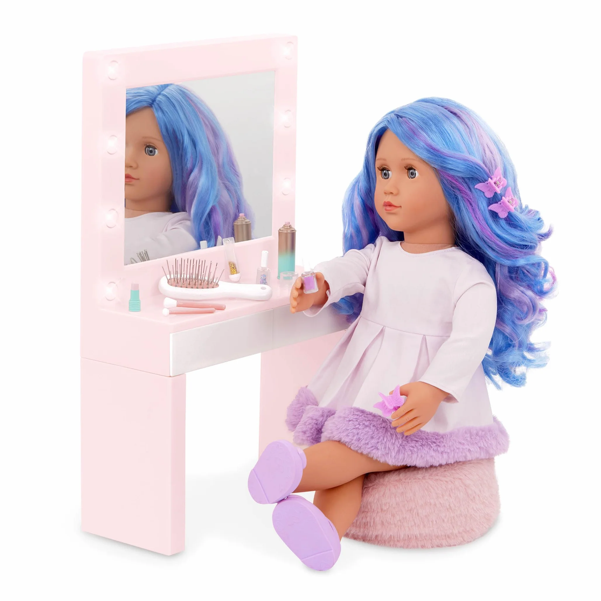 Our Generation Glam & Glow Vanità Playset - Tavolo Rosa con Specchio Luminoso - Giocattolo Trucco Bambini 3+