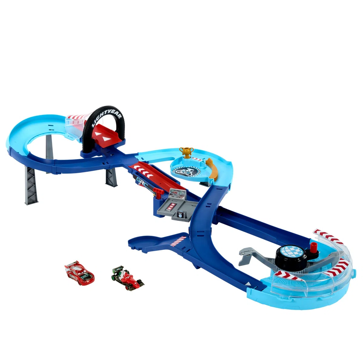 Mattel Disney Pixar Cars Pista Salti della Corsa Globale Playset z Propulsorem 2 Macchinine Saetta McQueen Francesco Bernoulli HXJ32