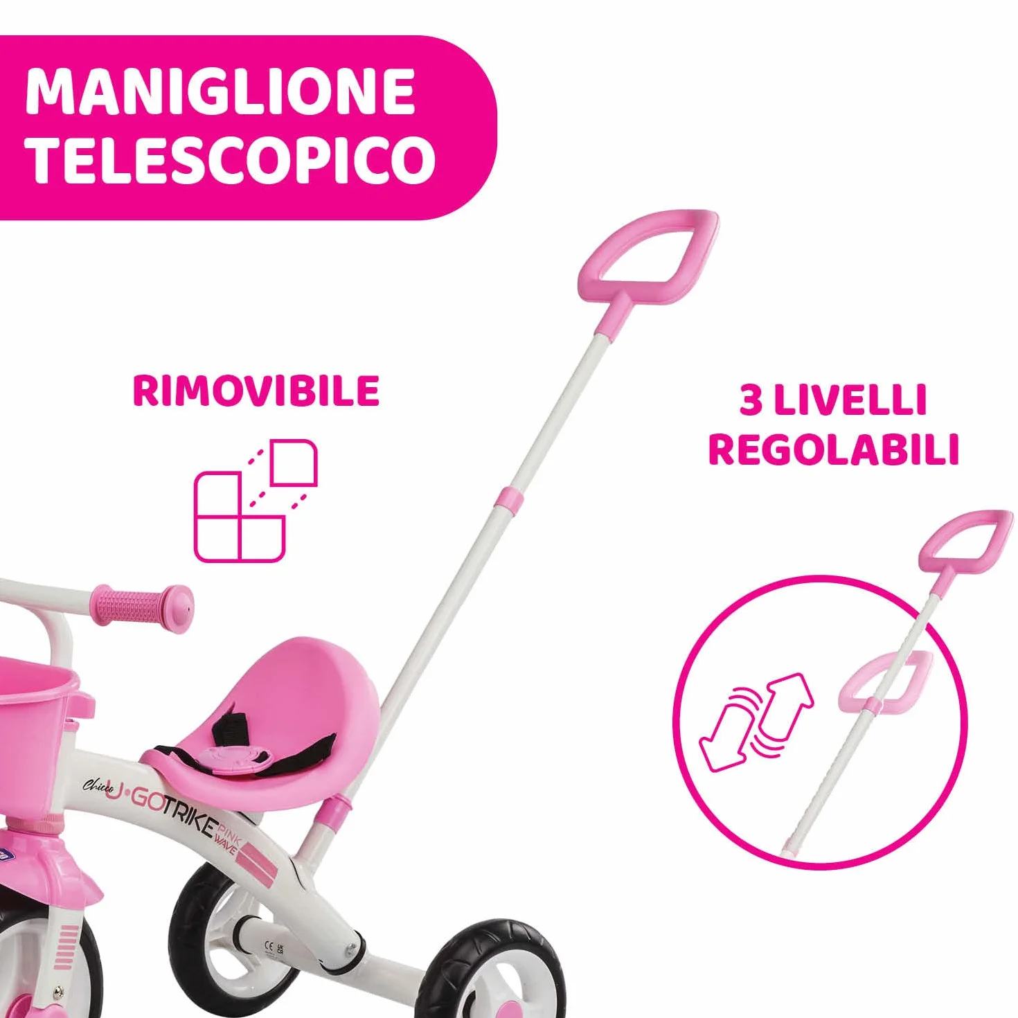 Chicco Triciclo Bambini U-Go 2in1, Triciclo Bimba e Bimbo con Maniglione ad Altezza Regolabile, Cinture di Sicurezza e Cestello Portaoggetti, Max 20 kg - Giochi per Bambini 18 Mesi - 5 Anni