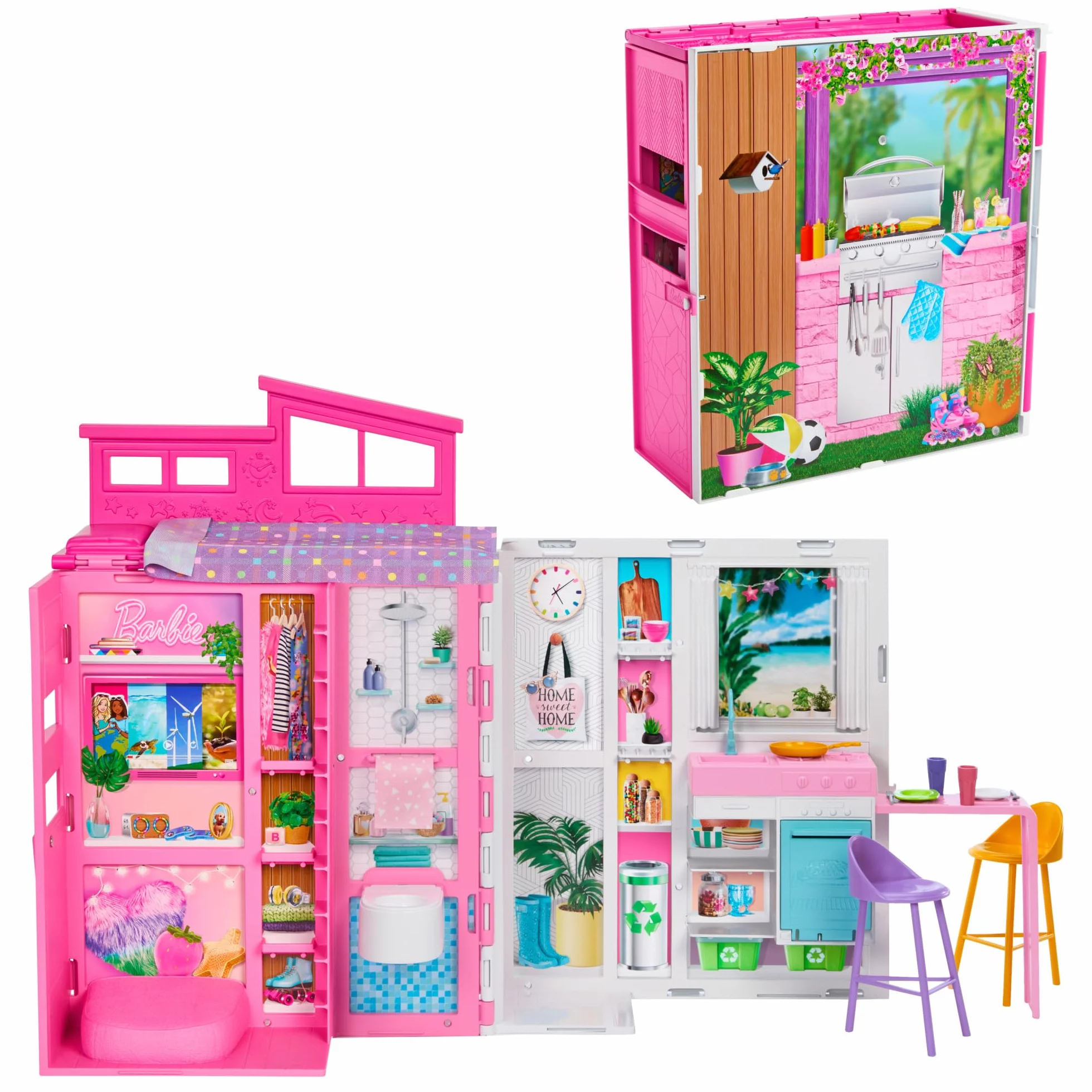 Barbie - Casa delle Vacanze, playset con 4 aree di gioco e 11 accessori decorativi inclusi, con cucina, bagno camera da letto e soggiorno, giocattolo per bambini, 3+ anni, HRJ76