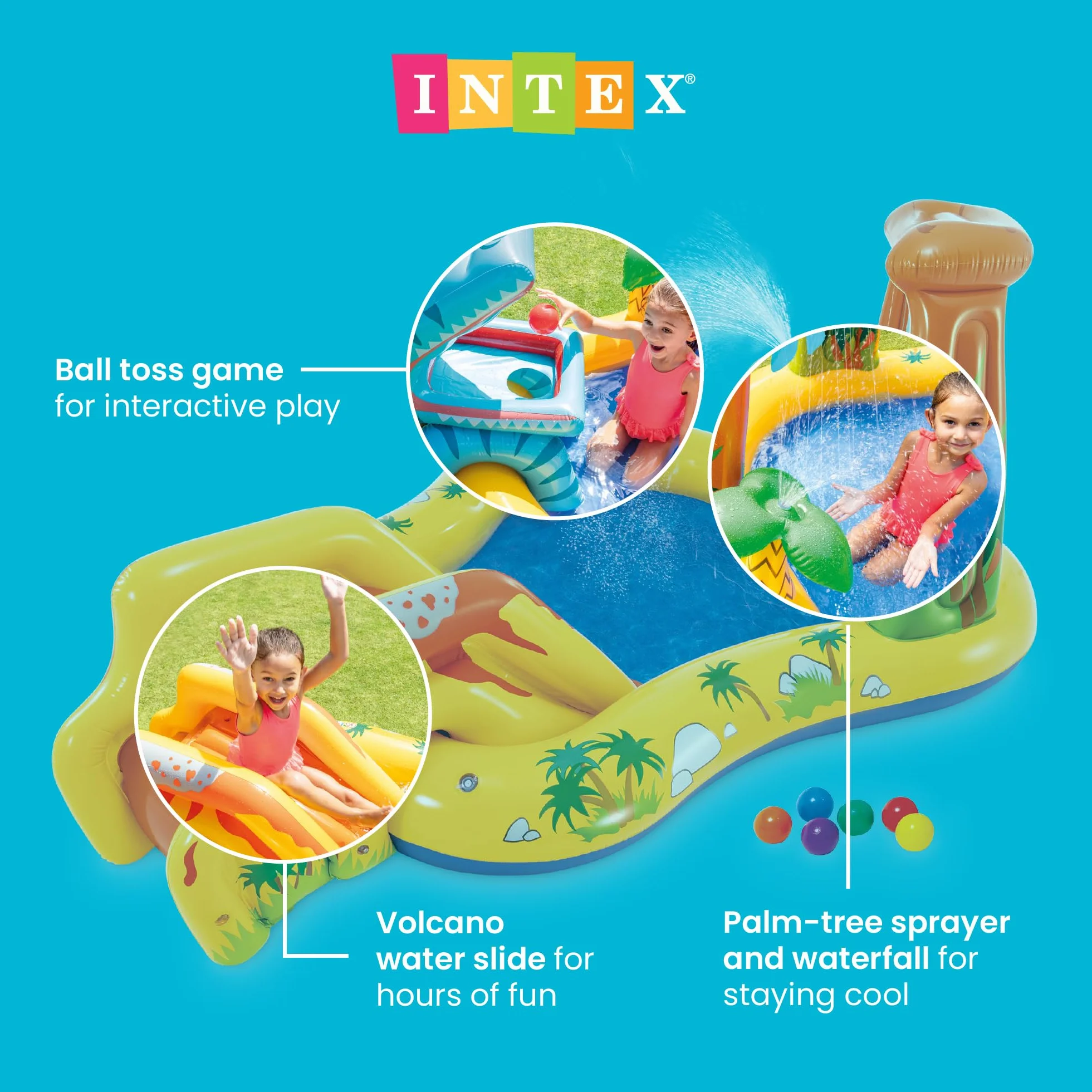 Intex 57444NP - Piscina Gonfiabile Playground Dinosauri, Vinile, Multicolore, 249x191x109 cm