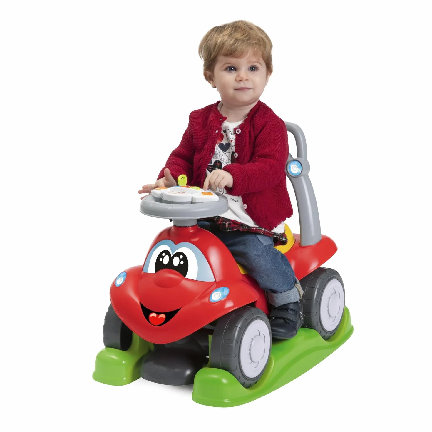 Chicco Billy Quattro, Gioco 4in1 Evolutivo,Cavalcabile,Primipassi,Dondolo,Spingi&Vai,Volante Elettronico con Luci e Suoni, Made in Italy,Plastica Riciclata 80%,Giochi Bambini 9-36 Mesi, Red, Rosso