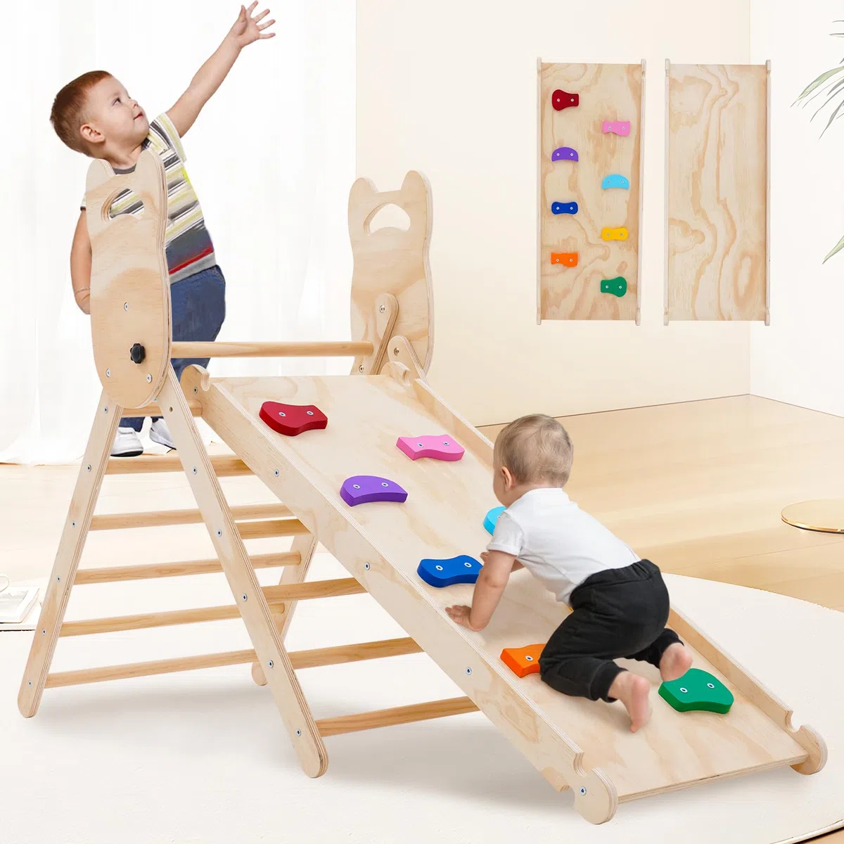 Triangolo di Pikler Montessoriano 3 in 1 per Bambini con Scivolo e Arrampicata Pieghevole