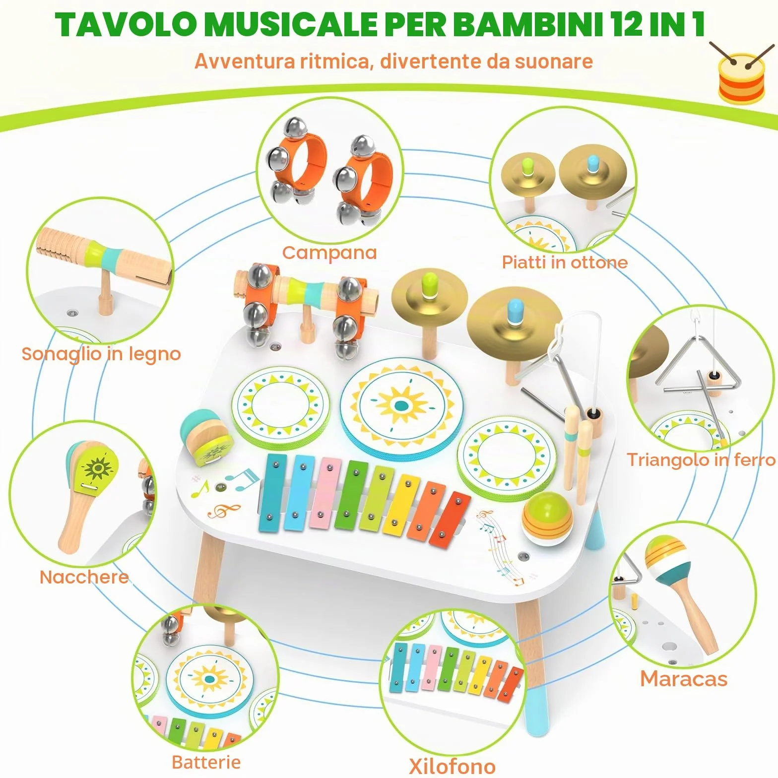 Batteria 12‑in‑1 Bambini 1‑3 Anni, Tavolo Strumenti Musicali Bambino, Giocattoli Legno Montessori con Xilofono, Bonghi, Piatto, Maracas & Campanelli da Polso, Regalo Bambino Bambina Bambina 1 2 3 Anni