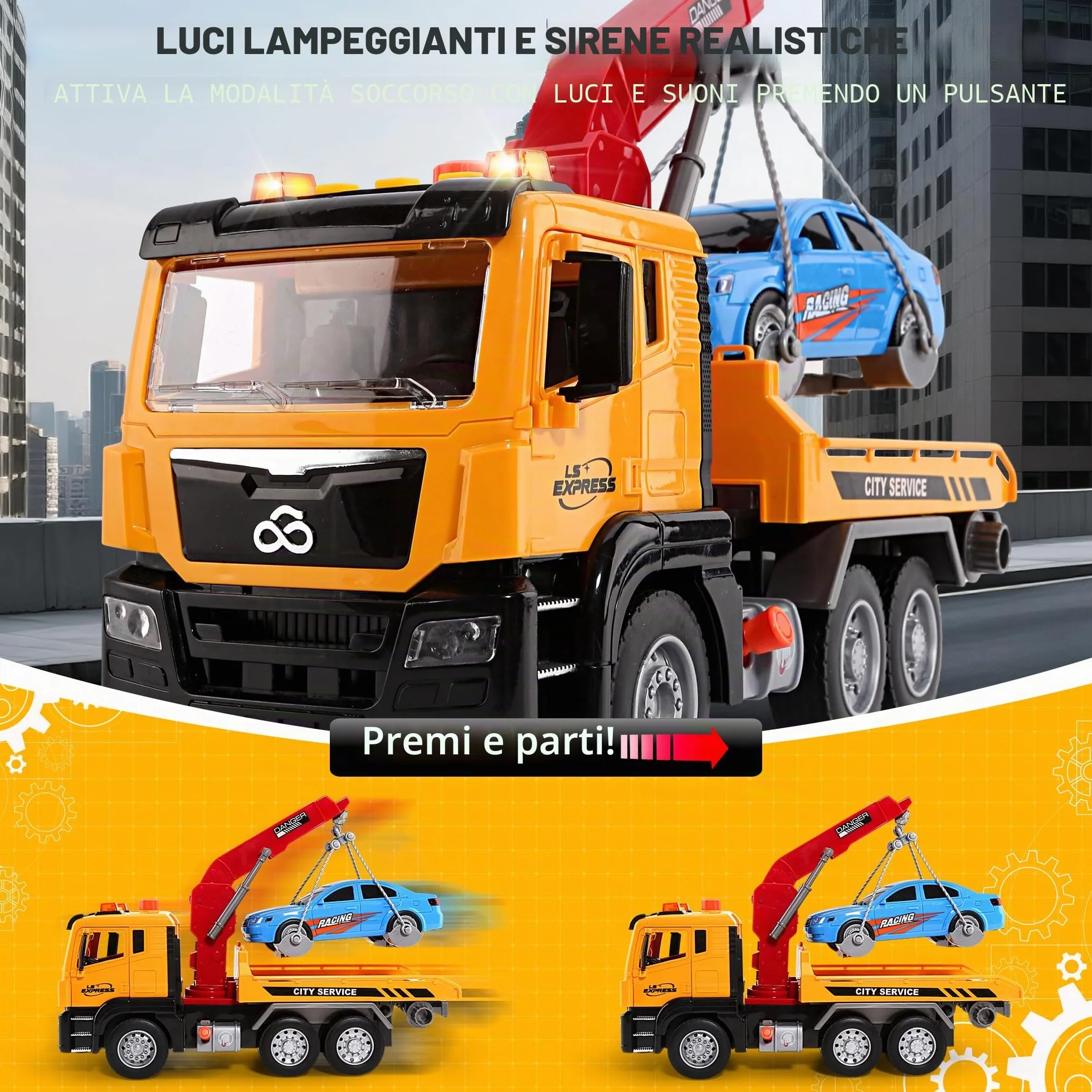 BunnyJOY Camion Giocattolo Bambini 3 4 5 6 Anni, Camion Soccorso Giocattolo con Luci e Suoni, Carro Attrezzi con Gru e Catena con Auto Inclusa, Regalo Bambini