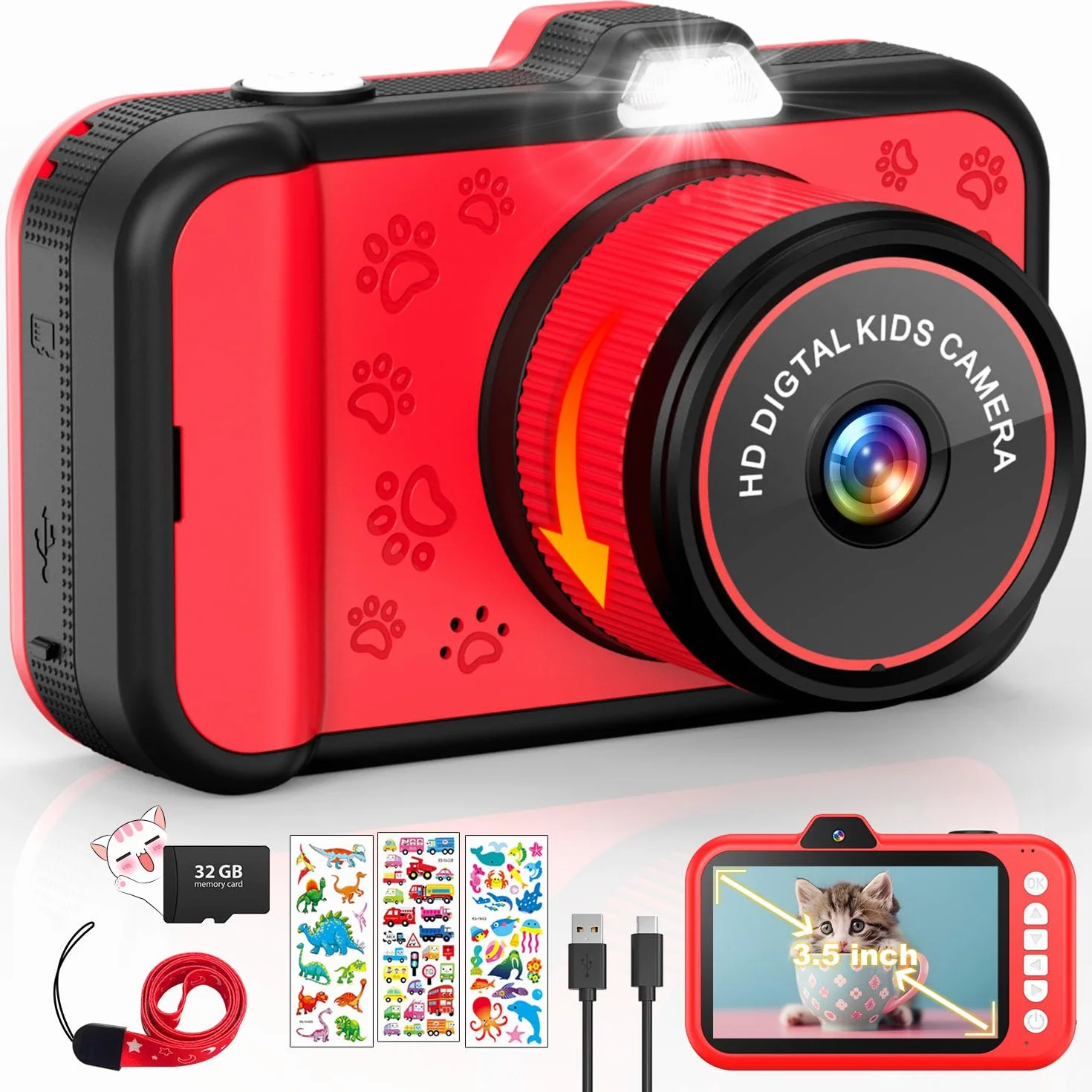 Macchina Fotografica Bambini | 3,5" Grande Schermo| 360° Obiettivo Zoom Rotante| 1080P HD Fotocamera Bambini con Selfie| Flash LED | Scheda SD 32G| Regalo Bambina e Bambino 3 4 5 6 7 8 9 10 11 12 Anni