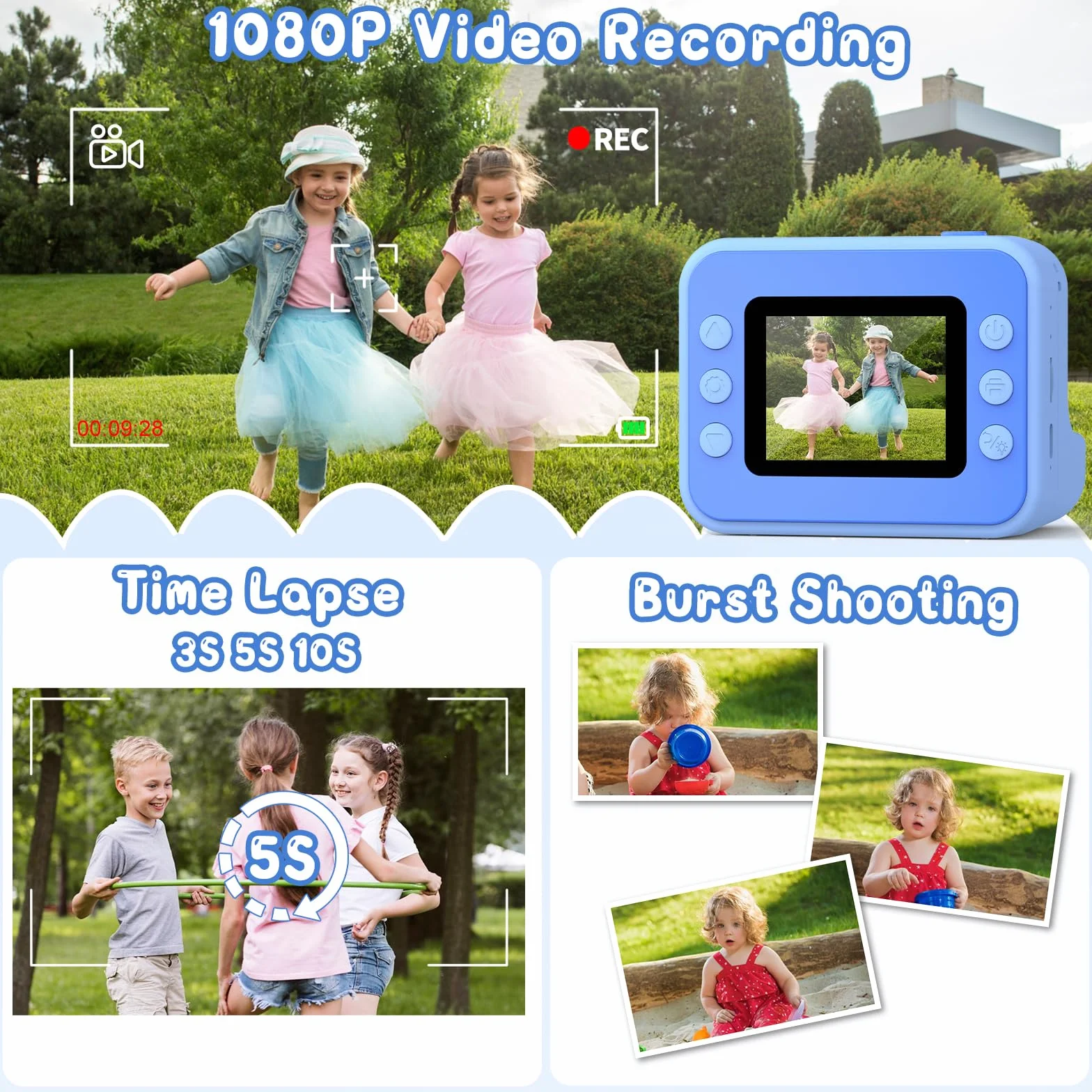 Hangrui Macchina Fotografica Bambini Istantanea, 2,4 Pollici Fotocamera Istantanea Bambini con 32G Scheda,20MP/1080P Fotocamera Digitale,Giocattolo Regalo per Ragazze Ragazzi dai 3-10 Anni-Blu