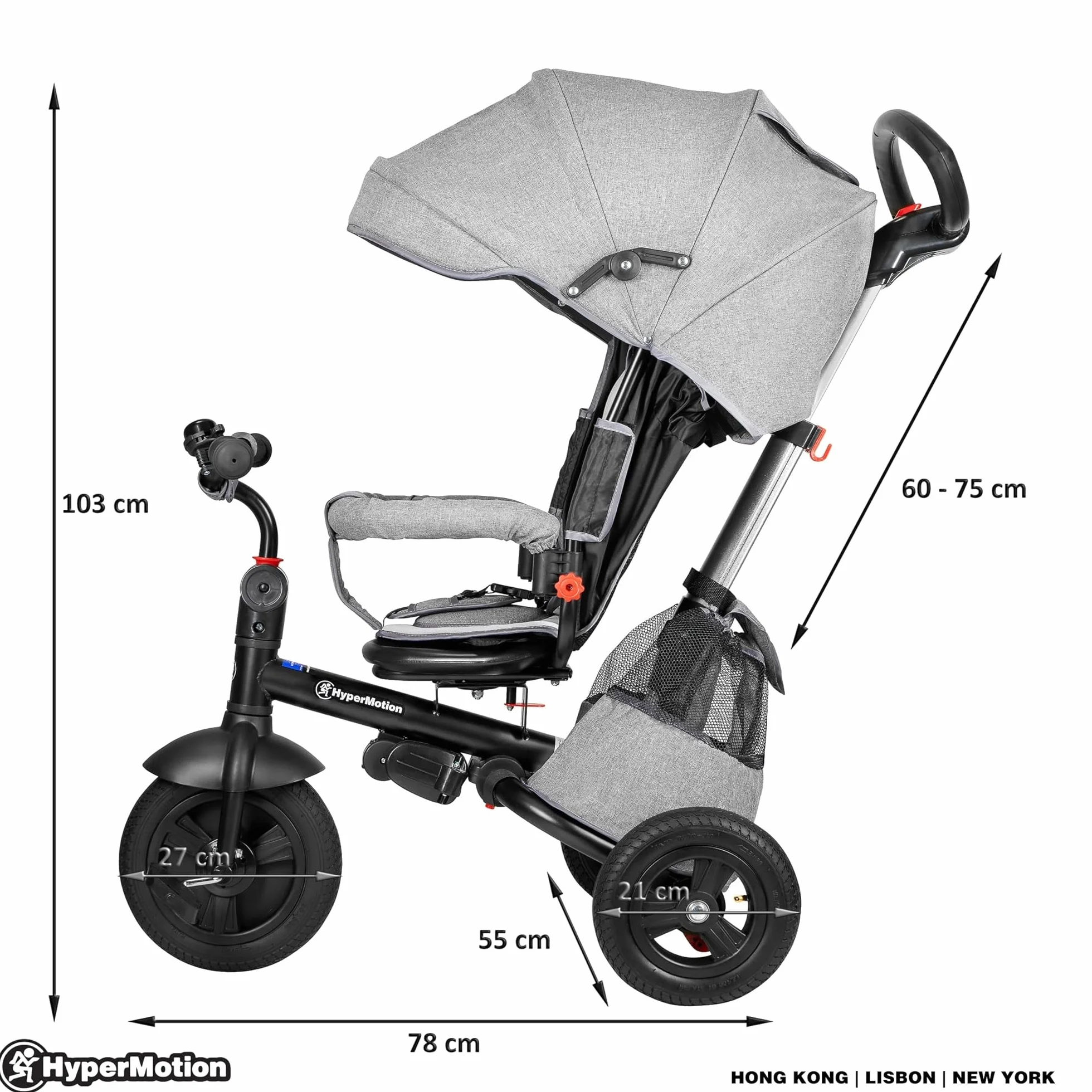 HyperMotion Passeggino Triciclo Evolutivo per Bambini 12 Mesi - 5 Anni, Bicicletta con Sedile Girevole e Ruote Gonfiabili, Portata 25 kg, Pieghevole con Parapioggia, Ideale per Parco e Giardino - Grey