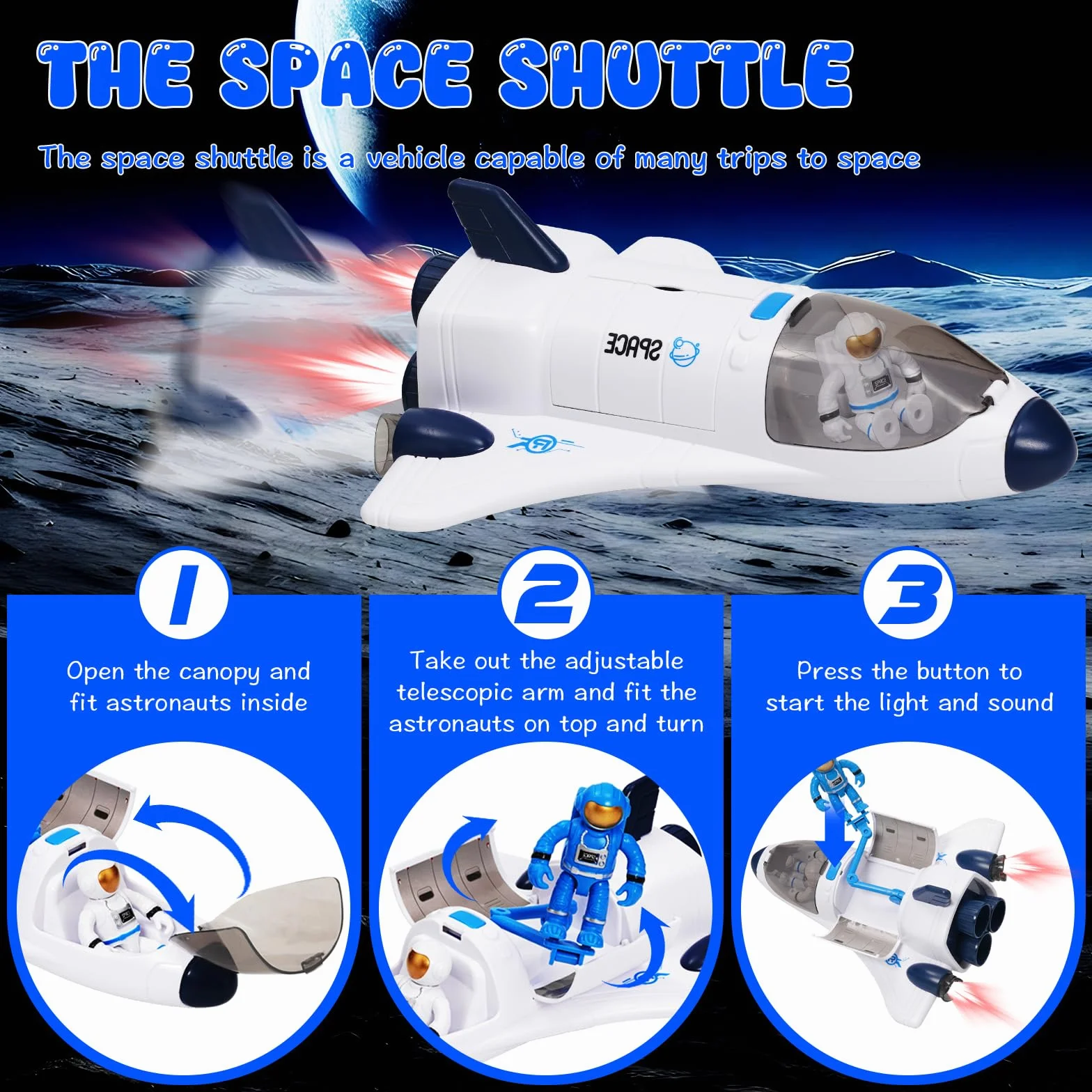 Space Shuttle Racket giocattolo per bambini, giocattolo spaziale con effetti di luce e suono, con stazione spaziale, Space Shuttle, Space Rove e astronauti, regalo per bambini