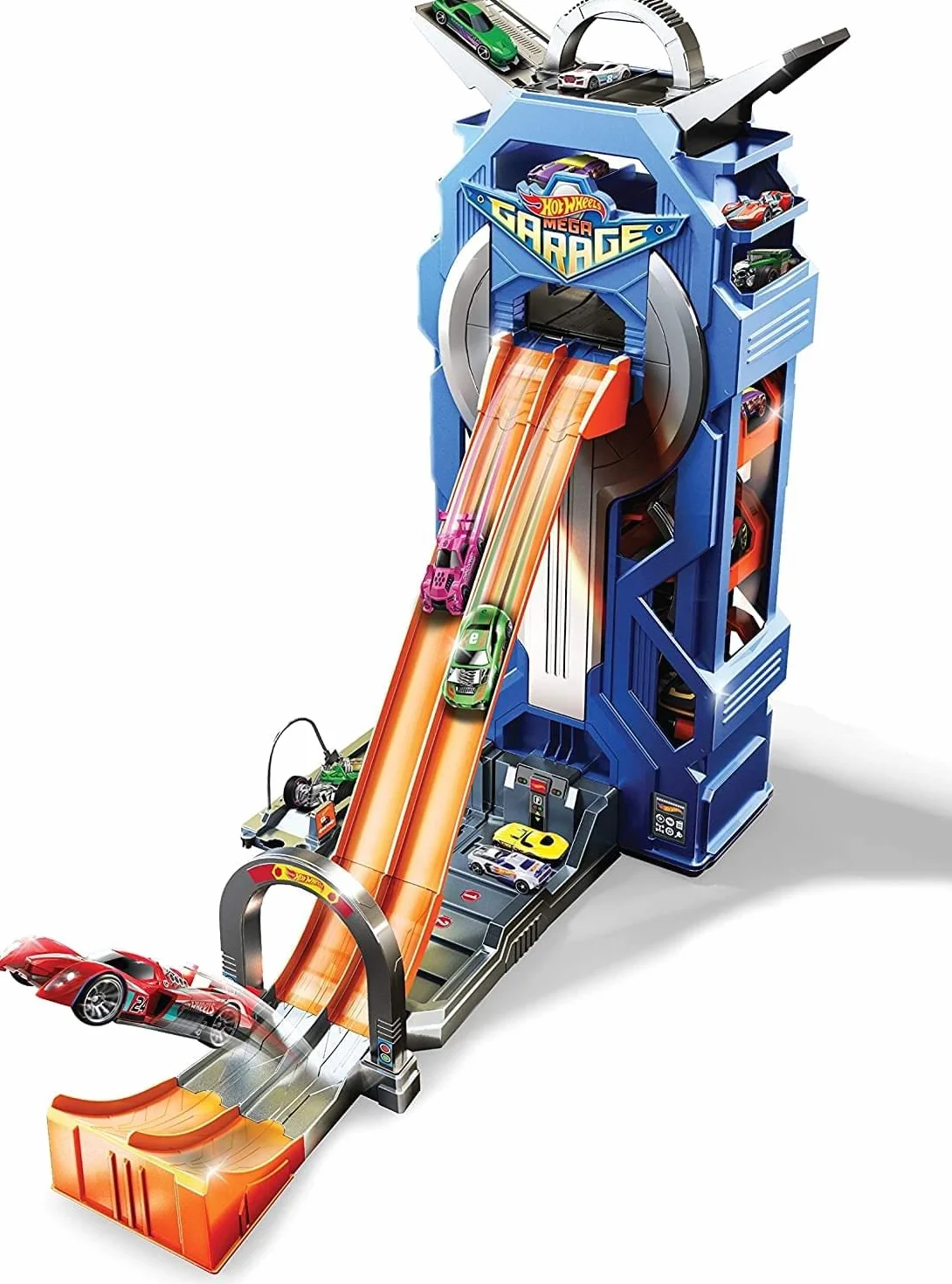 Hot Wheels Mega Garage con Pista a 2 Corsie, può Contenere più di 35 Macchinine, Giocattolo per Bambini 4+ Anni, Imballaggio Sostenibile, GWT34