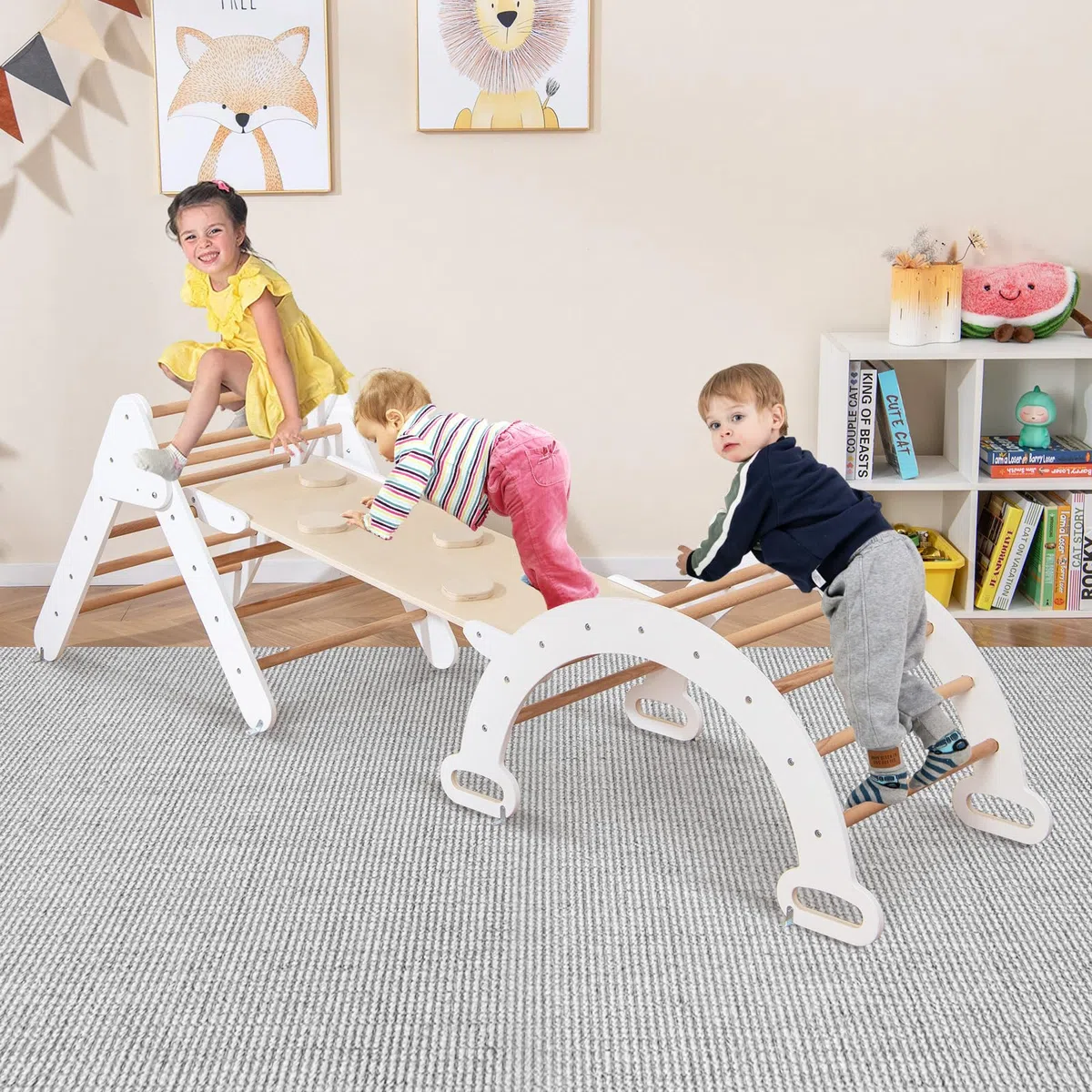 COSTWAY Telaio da Arrampicata per Bambini, Triangolo Pieghevole con Arco e Salita, Bianco