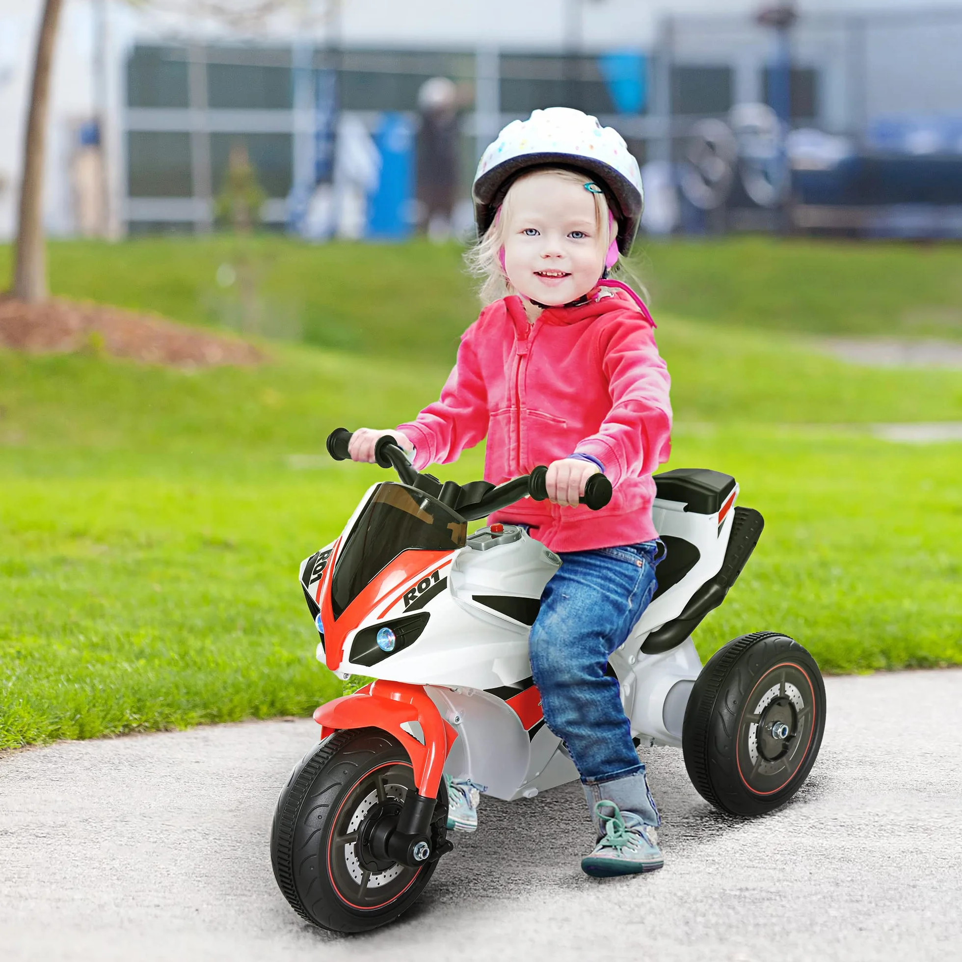 HOMCOM Moto Giocattolo a 3 Ruote per Bambini 18-36 Mesi, Motocicletta Cavalcabile Stile Polizia con Musica e Fari Senza Pedali in PP e Metallo Bianco e Rosso