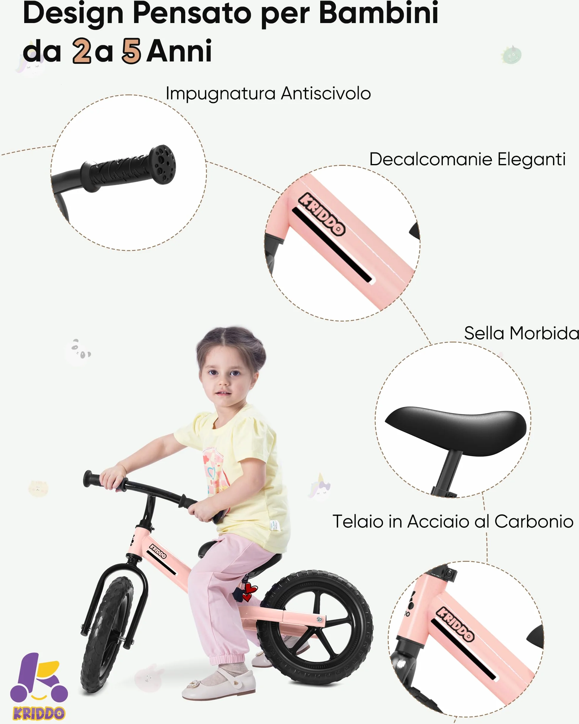 KRIDDO Bicicletta senza pedali per bambini dai 2 ai 5 anni, doppio cuscinetto per una guida più fluida, adorabile piastra, sedile e manubrio regolabili, regalo per bambini dai 2 ai 3 anni
