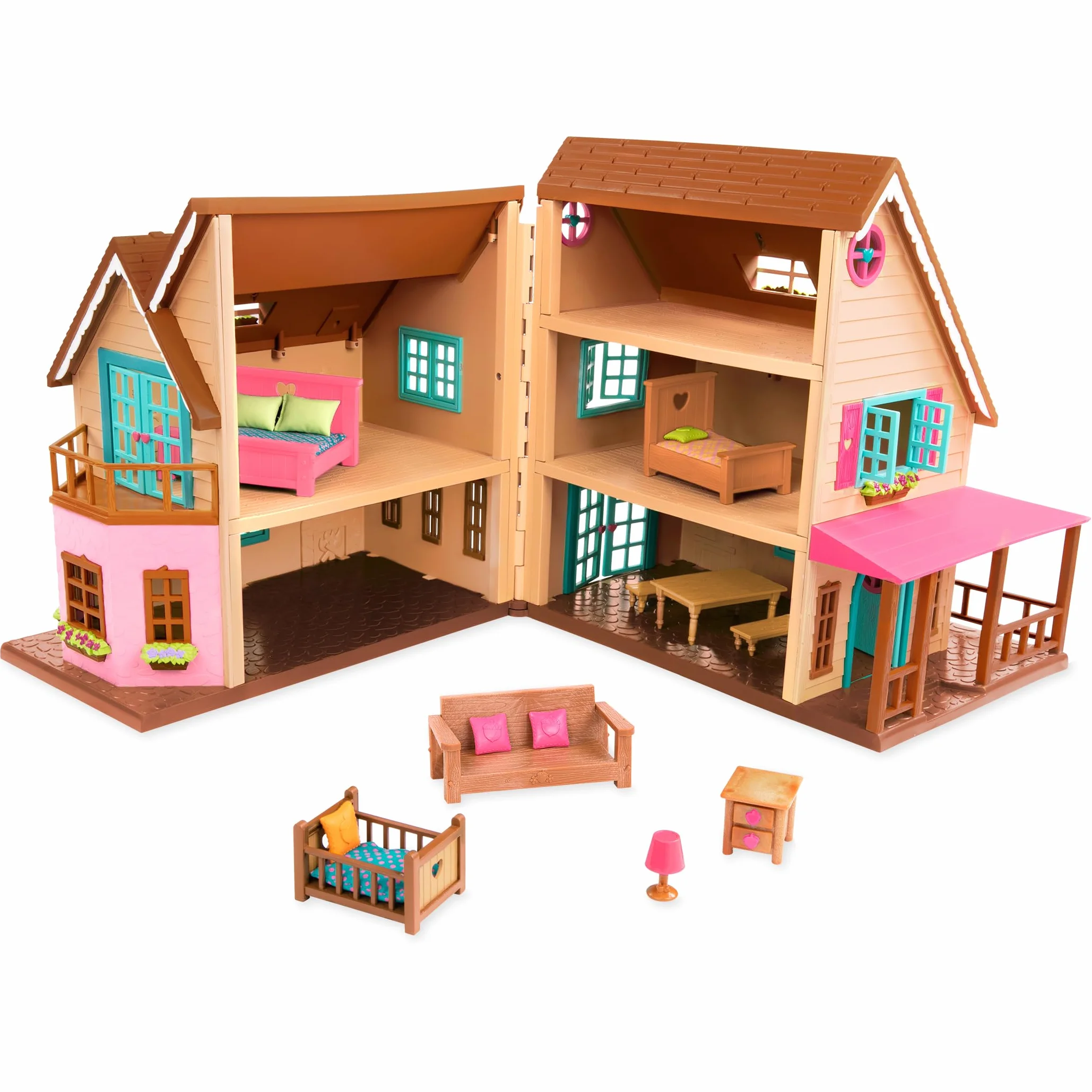 Li'L Woodzeez - Honeysuckle Hillside Cottage - Set di giocattoli da 20 pezzi con casetta per giochi, mobili e accessori - Case in miniatura e set da gioco per bambini dai 3 anni in su