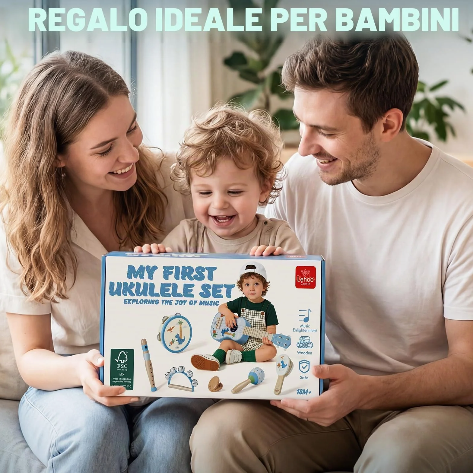 Lehoo Castle Chitarra per Bambini, 7 Strumenti Musicali Montessori Giochi, con ukulele, Tamburello, Flauto, Maracas, Giocattoli in Legno, Giocattoli Didattici, Regalo per bambini di 1, 2, 3 anni