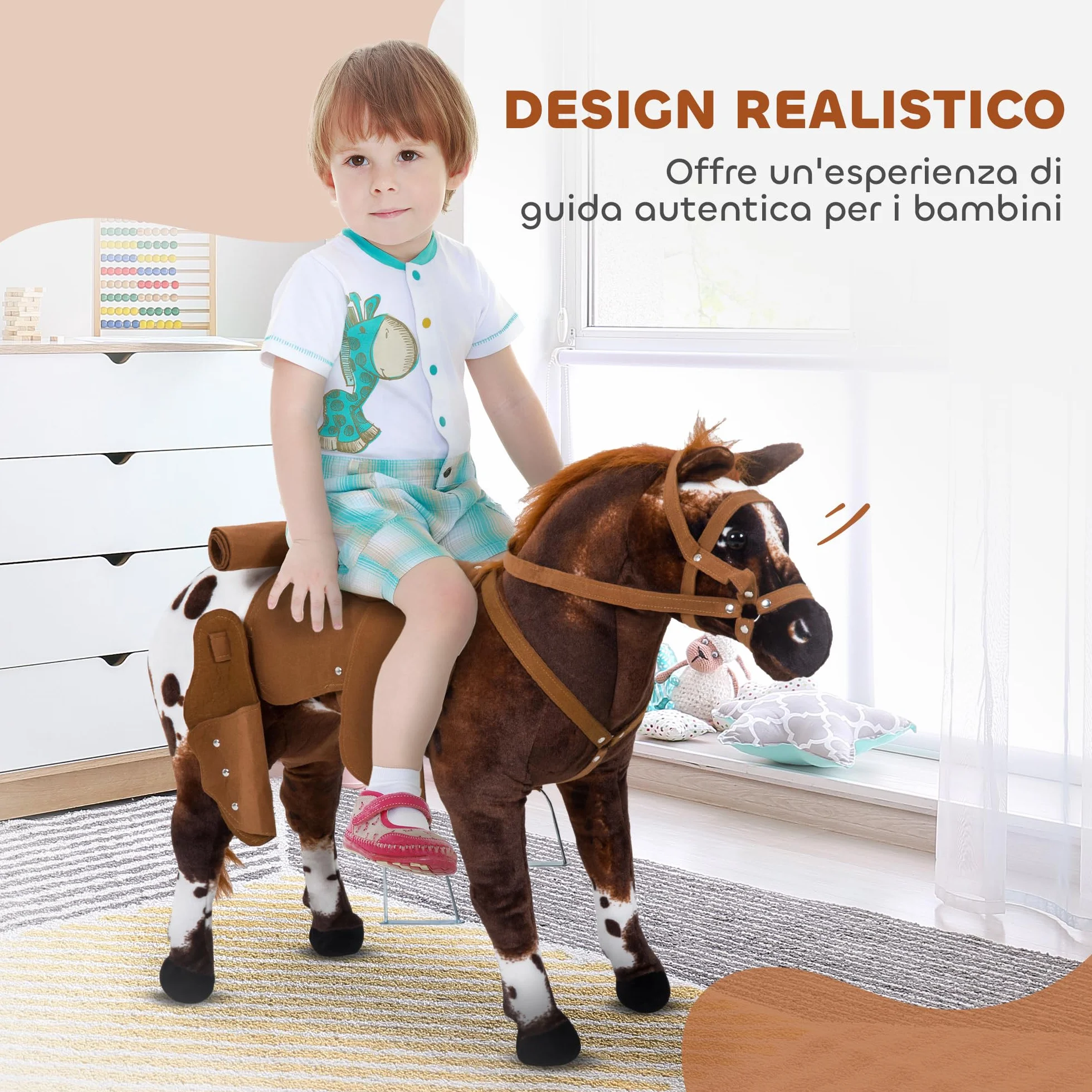 HOMCOM Cavallo a Dondolo per Bambini 2+ Anni con Nitrito Realistico, Sella e Staffe, Cavallo Giocattolo in Peluche e Metallo, 85x28x60 cm, Marrone