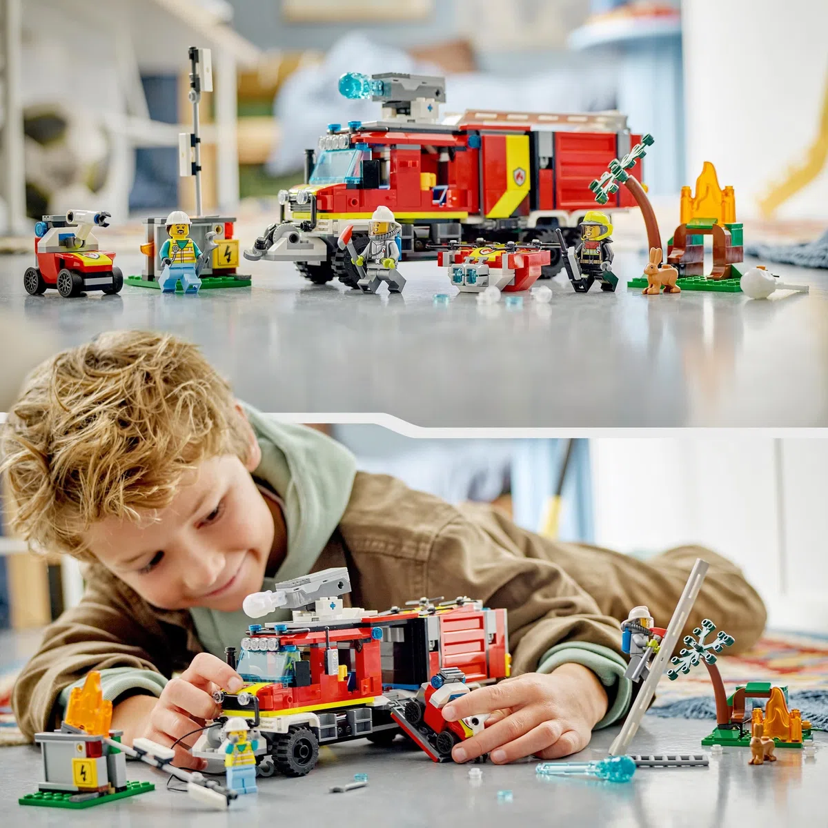 LEGO 60374 City Fire Autopompa dei Vigili del Fuoco, Unità di Comando dei Pompieri con Camion Giocattolo e Droni Terrestri e Aerei, Veicoli per Bambini, Ragazzi e Ragazze