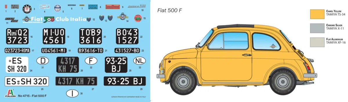 Italeri 4715 1:12 FIAT 500 F Upgraded Edition – modellismo, kit da costruzione, modellismo da pavimento, fai da te, hobby, incollaggio, kit in plastica, fedele ai dettagli, non verniciato
