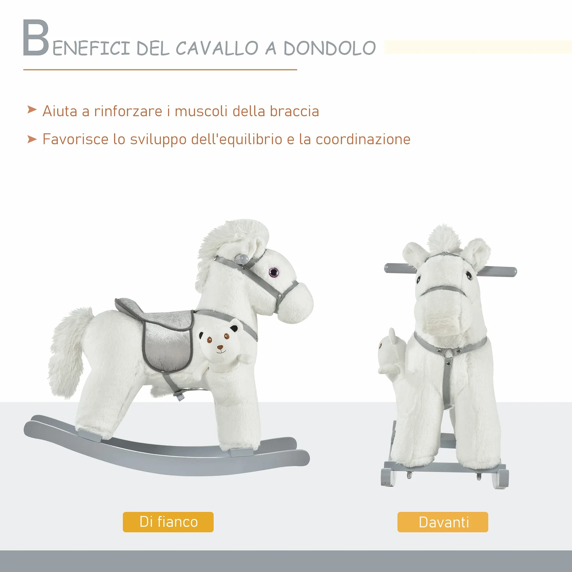 HOMCOM Cavallo a Dondolo per Bambini in Peluche e Legno con Suoni e Orsetto Incluso, per Bimbi da 18-36 Mesi, 65x26x55cm, Bianco