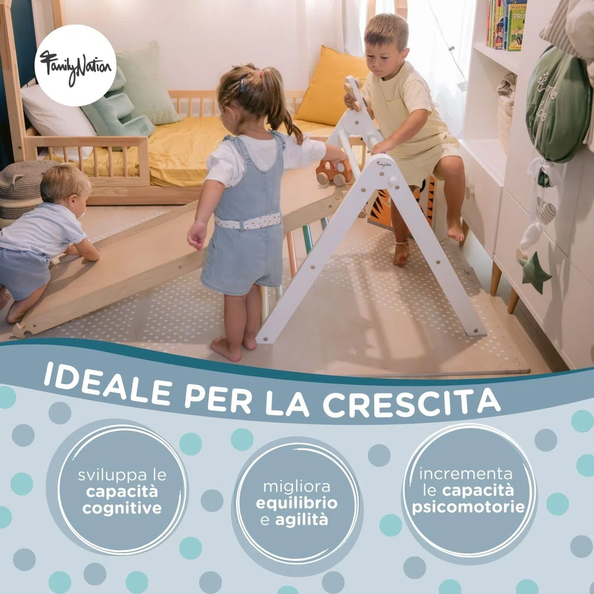 Triangolo Montessori Pikler Sunny Beach per Bambini 1 Anno Struttura in Legno Pieghevole Colori Atossici
