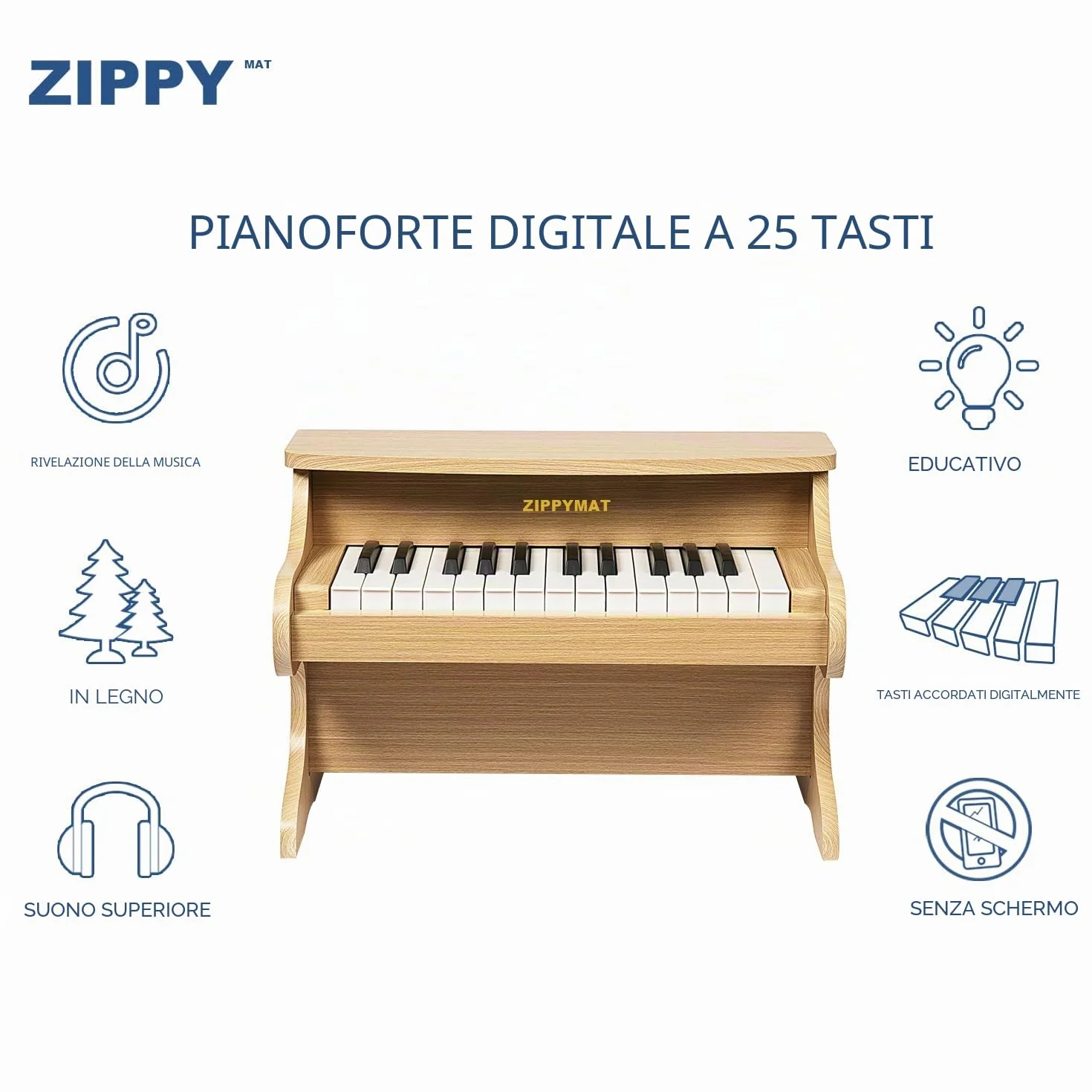 Tastiera per pianoforte per bambini, 25 tasti, pianoforte digitale per bambini, mini strumento di apprendimento musicale, pianoforte in legno per bambini e bambine (Quercia)
