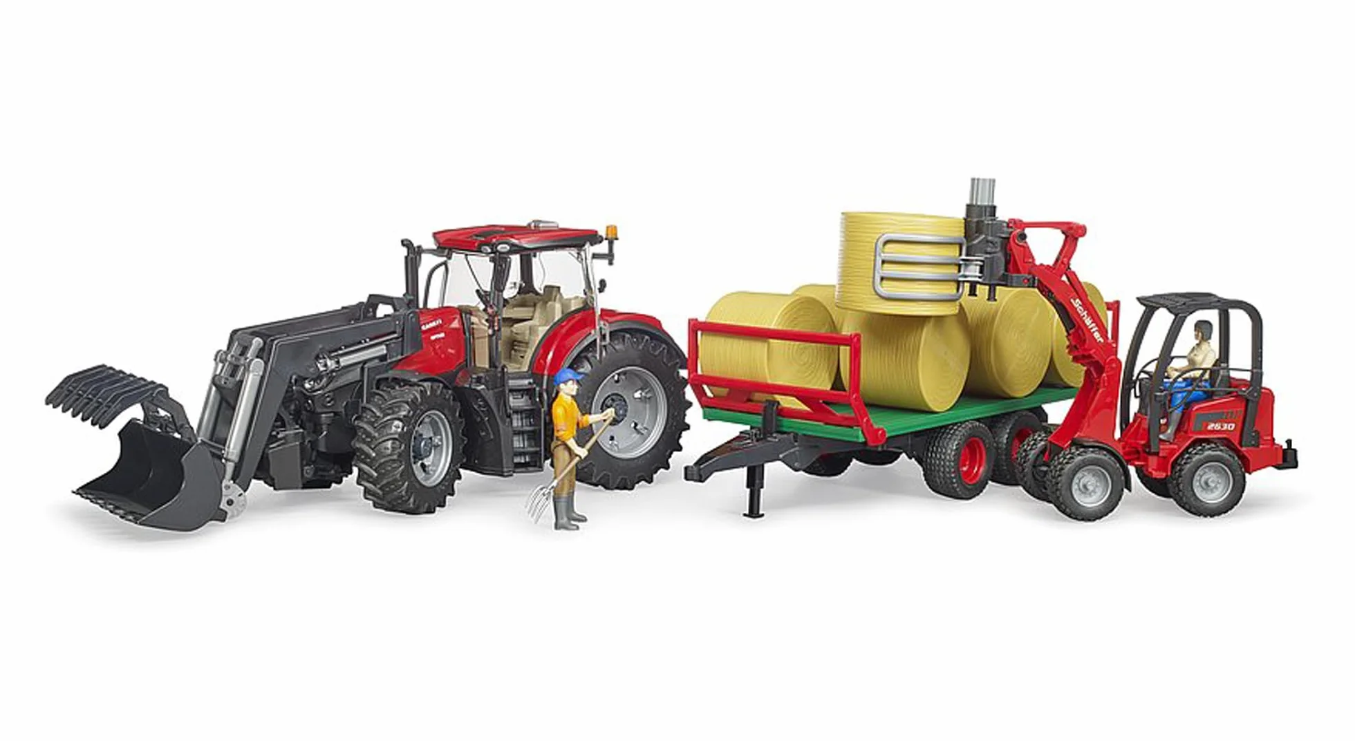 bruder 03198 - Case IH Optum 300CVX con caricatore frontale e rimorchio per trasporto balle, trattore, rimorchio per balle
