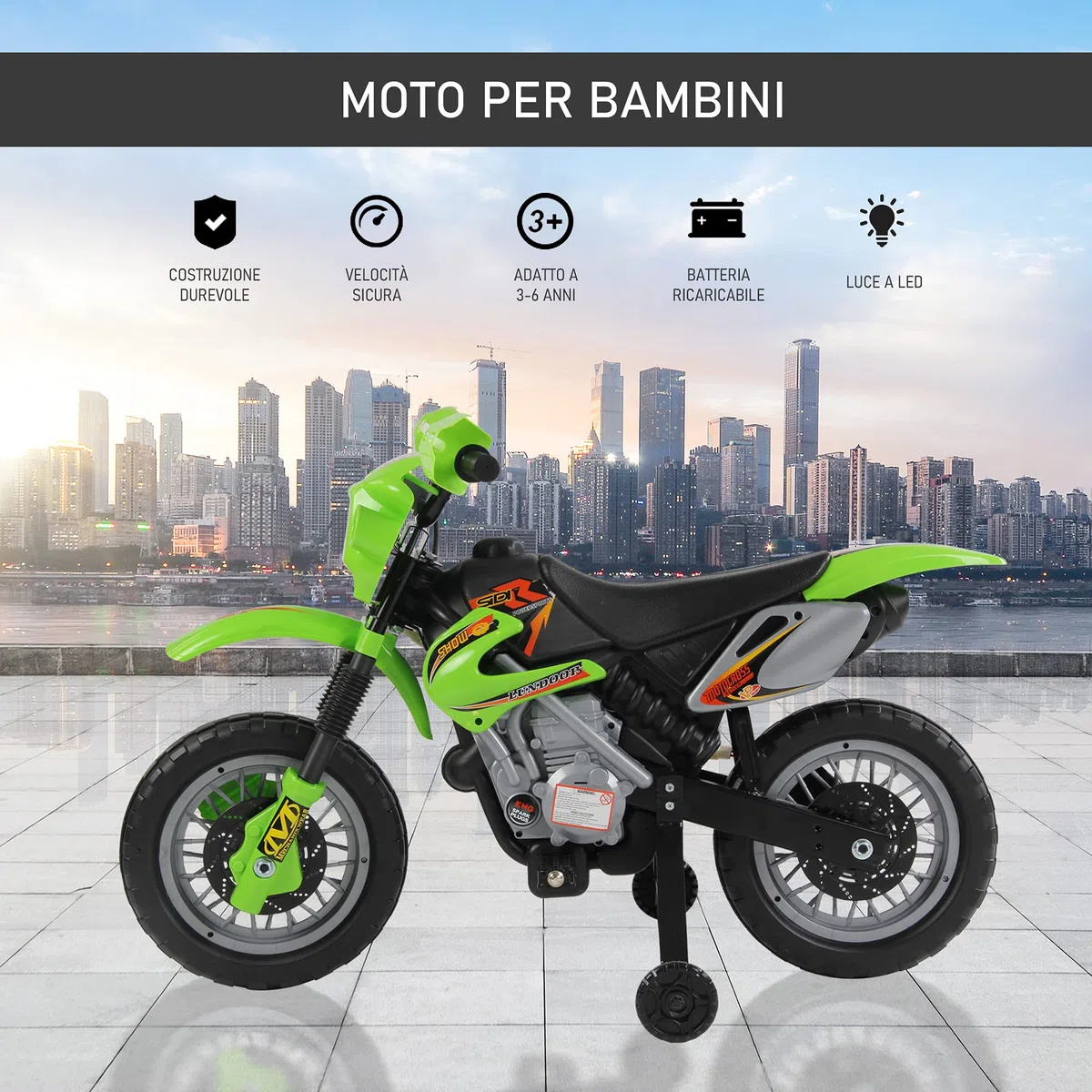 HOMCOM Moto Elettrica per Bambini 3+ Anni, 6V 2.5km/h, 102x58x66cm, Verde