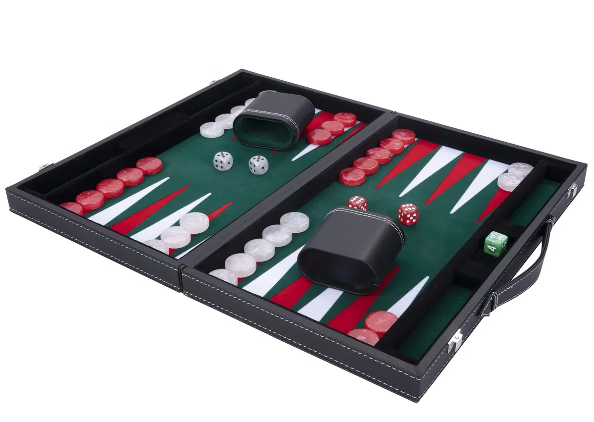 Engelhart - 250511 - Grande Backgammon di Lusso 45,5 cm (18 Pollici) - Similpelle Rossa con Inserto in Feltro - Dadi e Fiches Madreperlate - 2 Bicchierini - Gioco Strategico da Tavolo