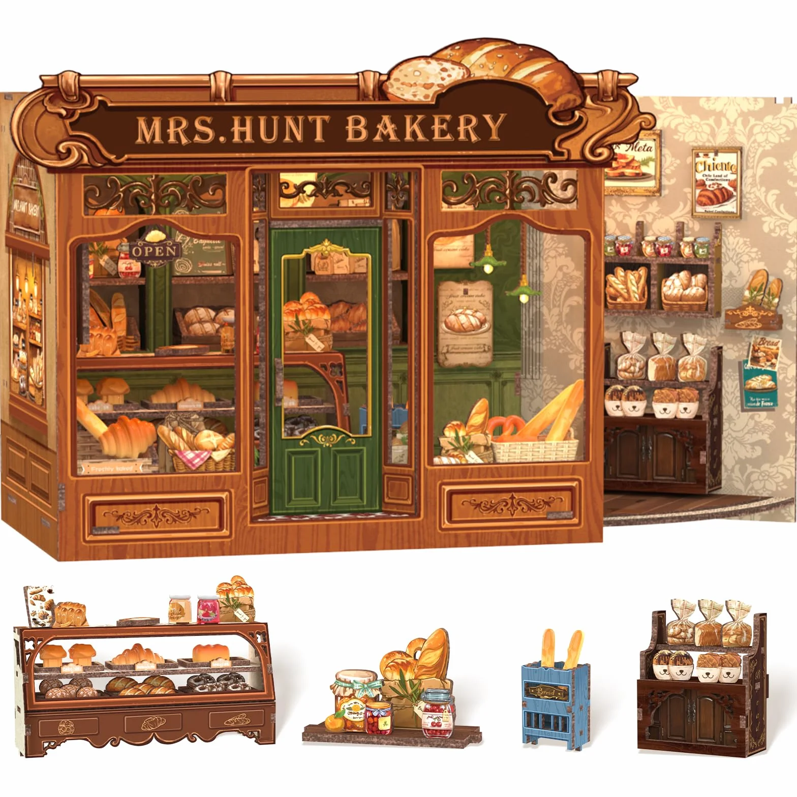 Cutefun DIY Case delle bambole Book Nook Model Kit, Reggilibri Scaffale Inserto Decorazione con Luce LED,Kit di Costruzione di Modellini in Legno per (MRS.HUNT BAKERY)