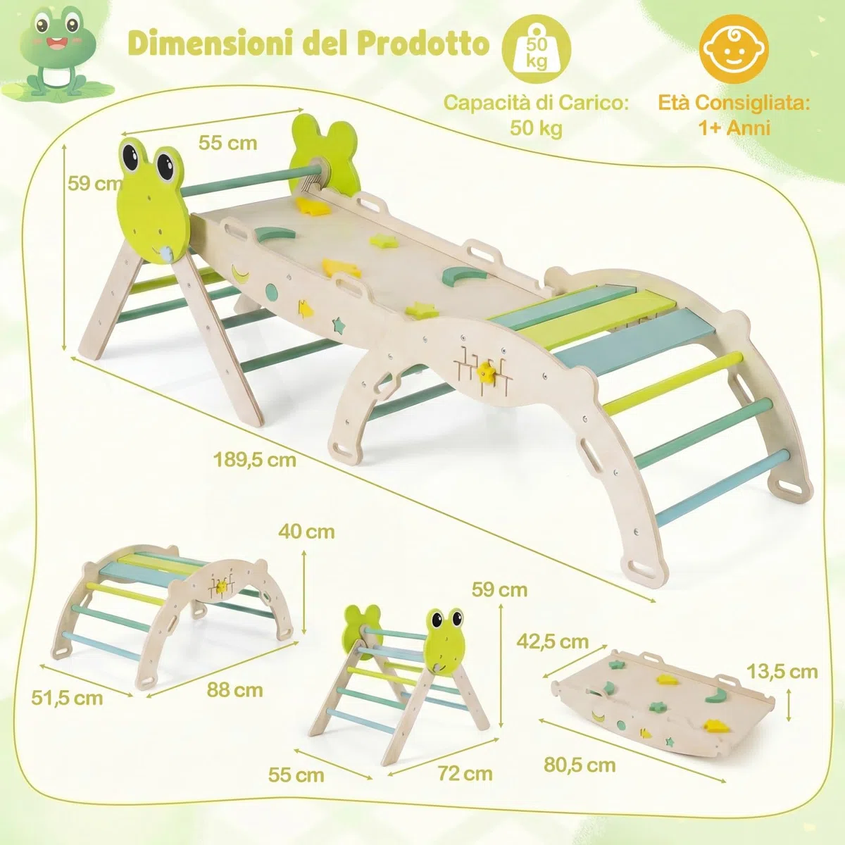 Relax4Life Triangolo di Arrampicata per Bambini con Scivolo e Arco, Gioco Montessori in Legno 1+ Anni, 3 Pezzi Verde