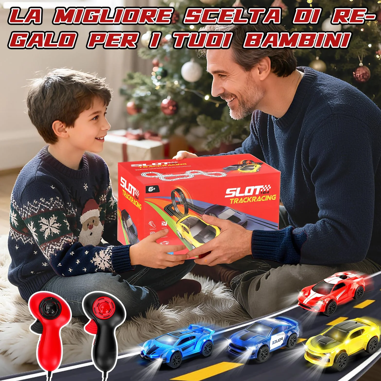 JONRRYIN Piste Corsa Elettriche, 1:64 Pista Macchine Telecomandate Extra-Lungo Piste Auto - 4 Led Macchine, USB, Comandi, Contatore, Passaggio A 360°, Giocattoli Regali Piste Corsa Bambini 3+ Anni
