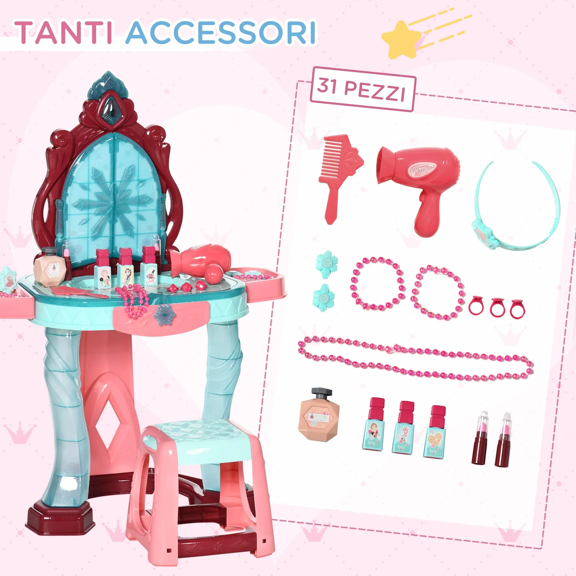 AIYAPLAY Set Tavolo Toeletta con Sgabello per Bambini da 3-6 Anni, Postazione Trucco Bambina con Luci e Musica, 31 Accessori di Bellezza Inclusi