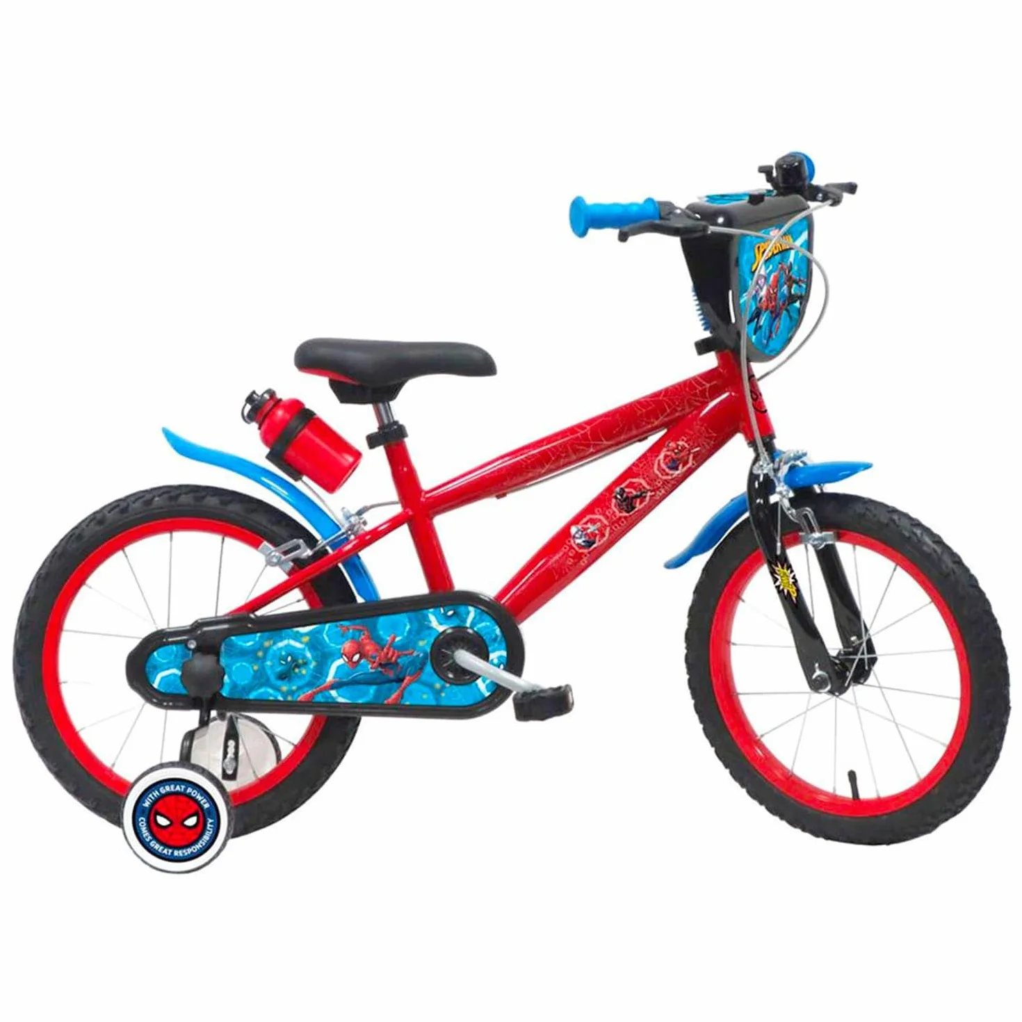 bicicletta da bambino con scudo anteriore, borraccia e stabilizzatori laterali di Spiderman misura 14 pollici
