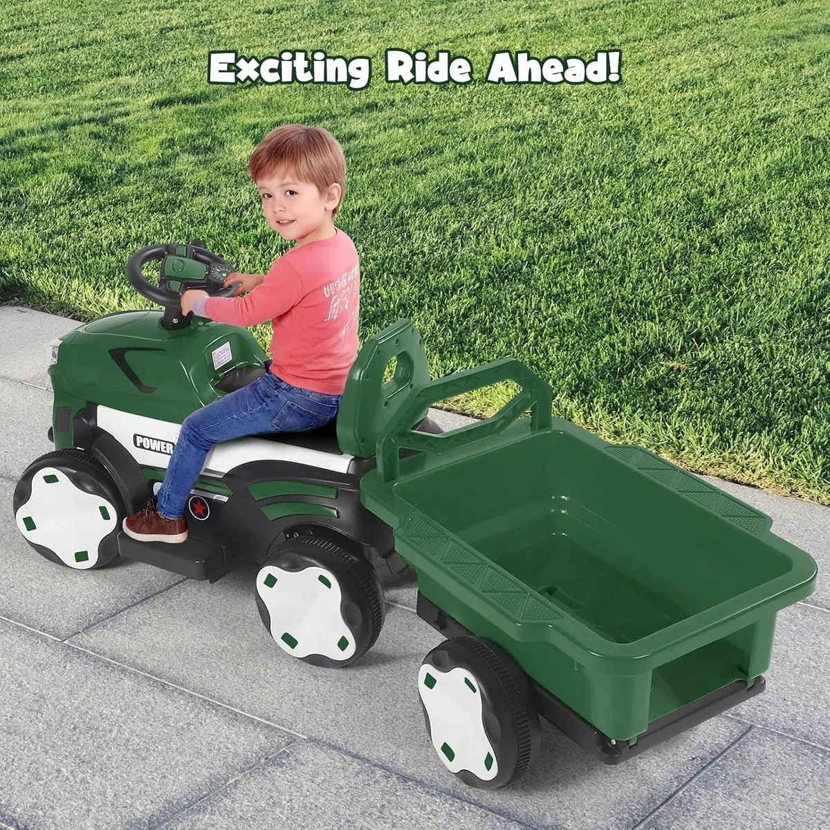 Trattore per Bambini Elettrico 2 in 1 con Rimorchio, LED, Musica, Ruote Antiscivolo, Portata 50 kg