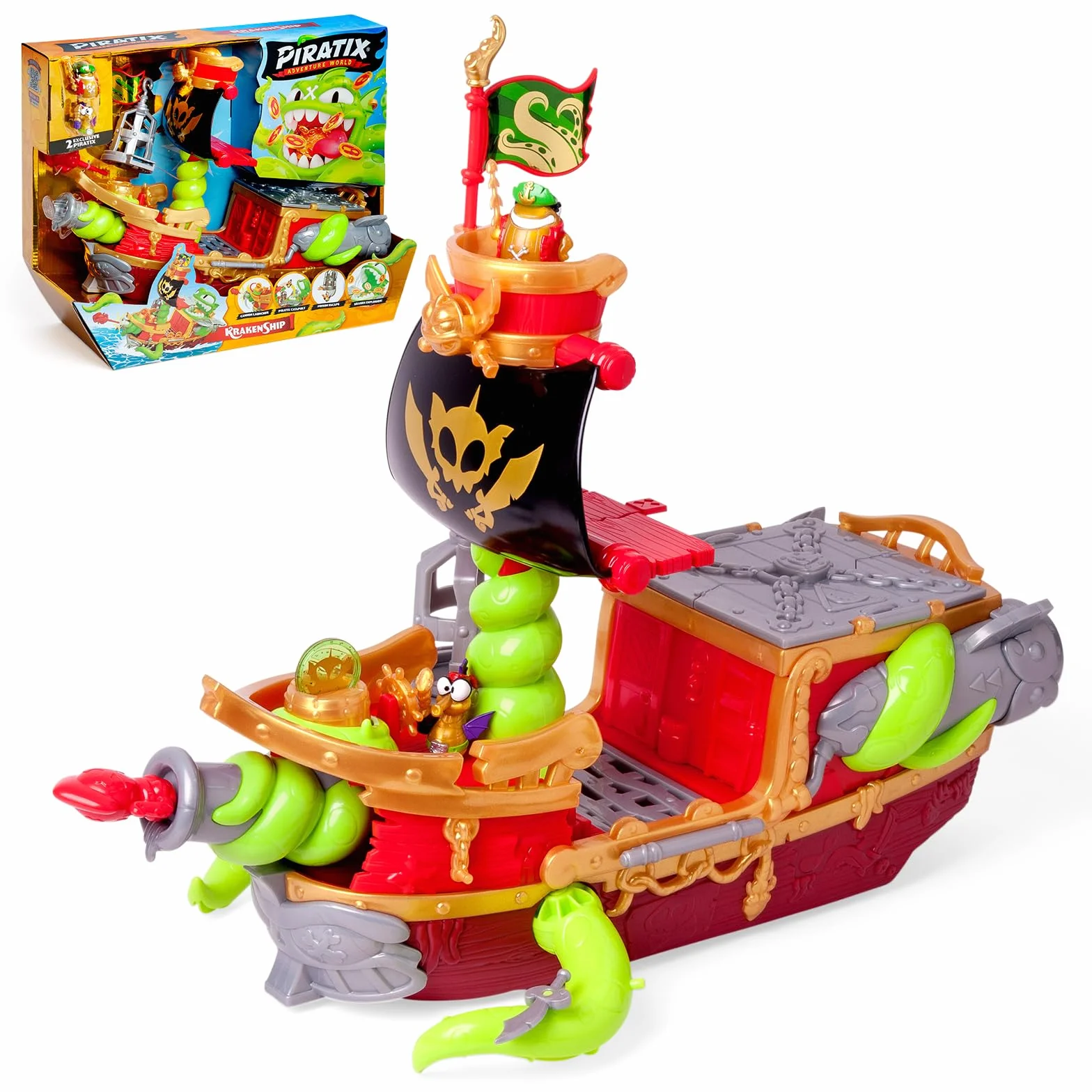 PIRATIX Kraken Ship–Barca Kraken di Piratix.Contiene 1barca Kraken, 2Piratix & accessori esclusivi, 1proiettile a cannone, 1tesoro esclusivo, 6 tesori dorati, 1 bandiera esclusiva, 1 spada, 1 ancora e