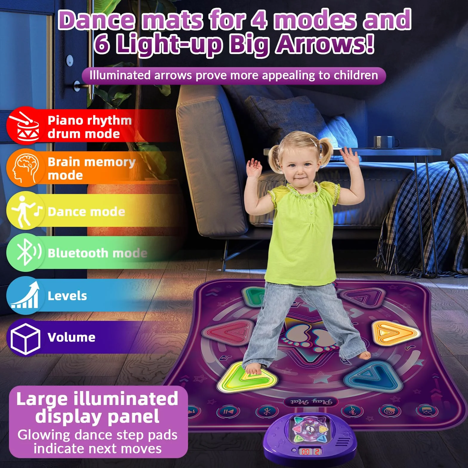 Bambini Tappetino da Ballo con 6 LED, Tappeto da Ballo con Bluetooth per 3 4 5 6 7 8+ Anni,Tappetino da Ballo Elettronico,Giocattolo Tappeto Musicale da Ballo,Regali di Natale di Compleanno (Viola)