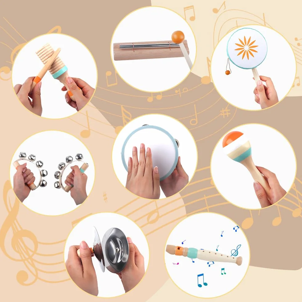 Strumenti Musicali per Bambini Piccoli, Giocattoli Montessori per Neonati, Strumenti a Percussione per 1 Anno Maschi e Femmine, Regalo Compleanno 1-3 Anni(8 in 1)