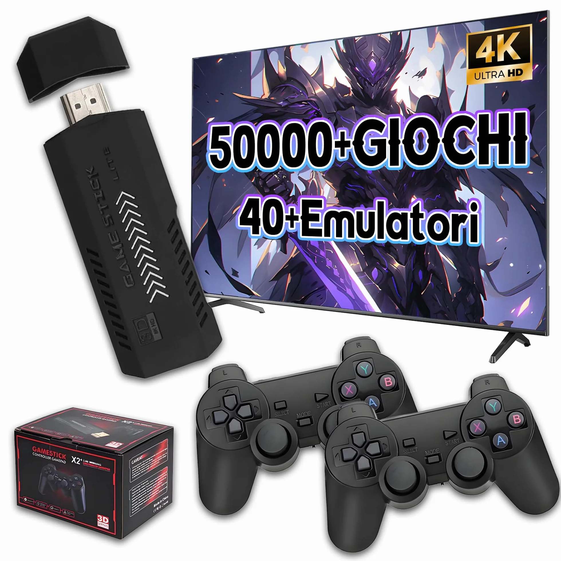 X2 PLUS Console di gioco retrò con uscita 4K HD,oltre 50000 giochi integrati, oltre 40 simulatori,processore quad-core S905L, videogiochi plug and play con 2 controller wireless,TV/computer, 128 GB