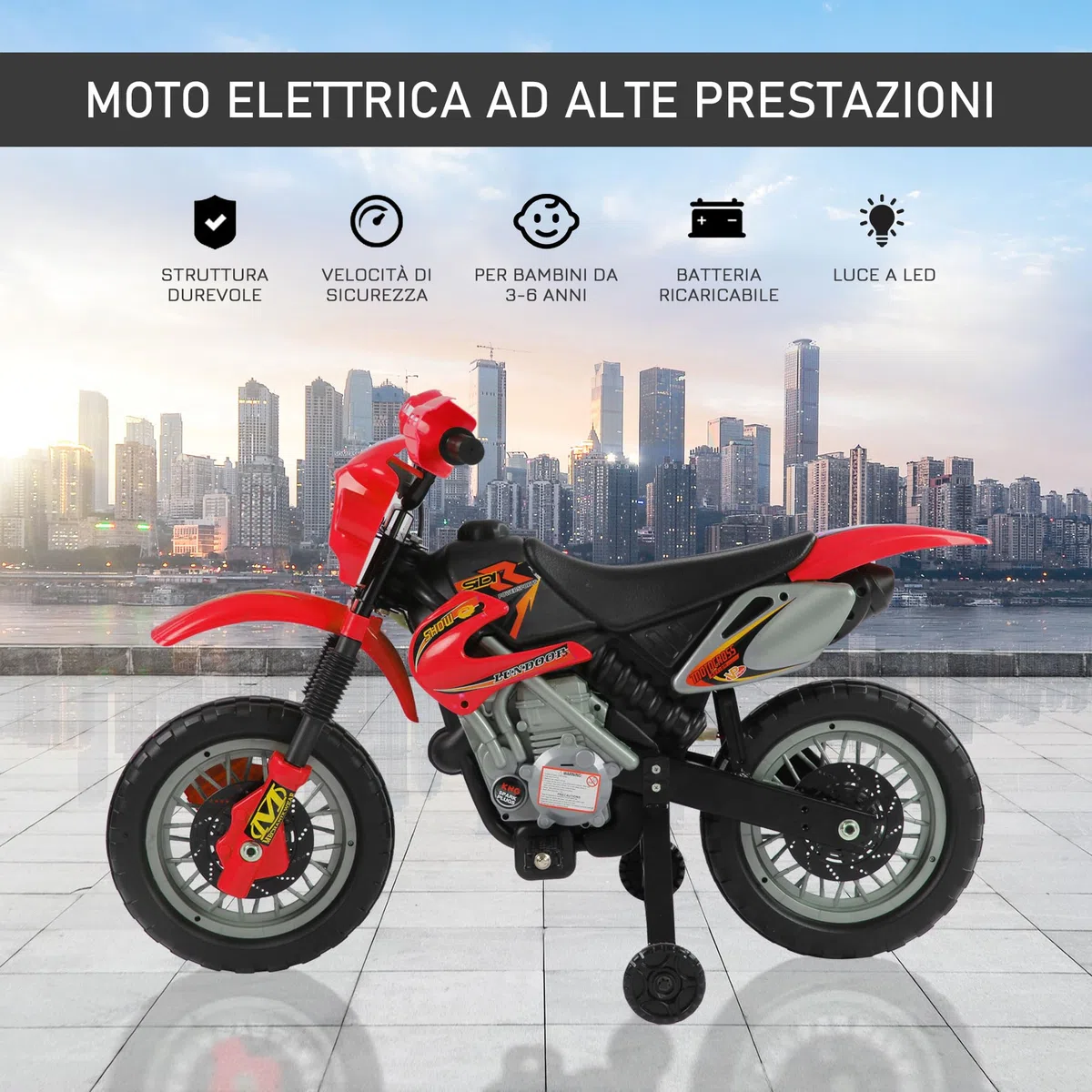 HOMCOM Moto Elettrica per Bambini 3-6 Anni, Moto Cross in Plastica PP con Ruote, Fari e Musica, 102x58x66 cm, Rosso e Nero