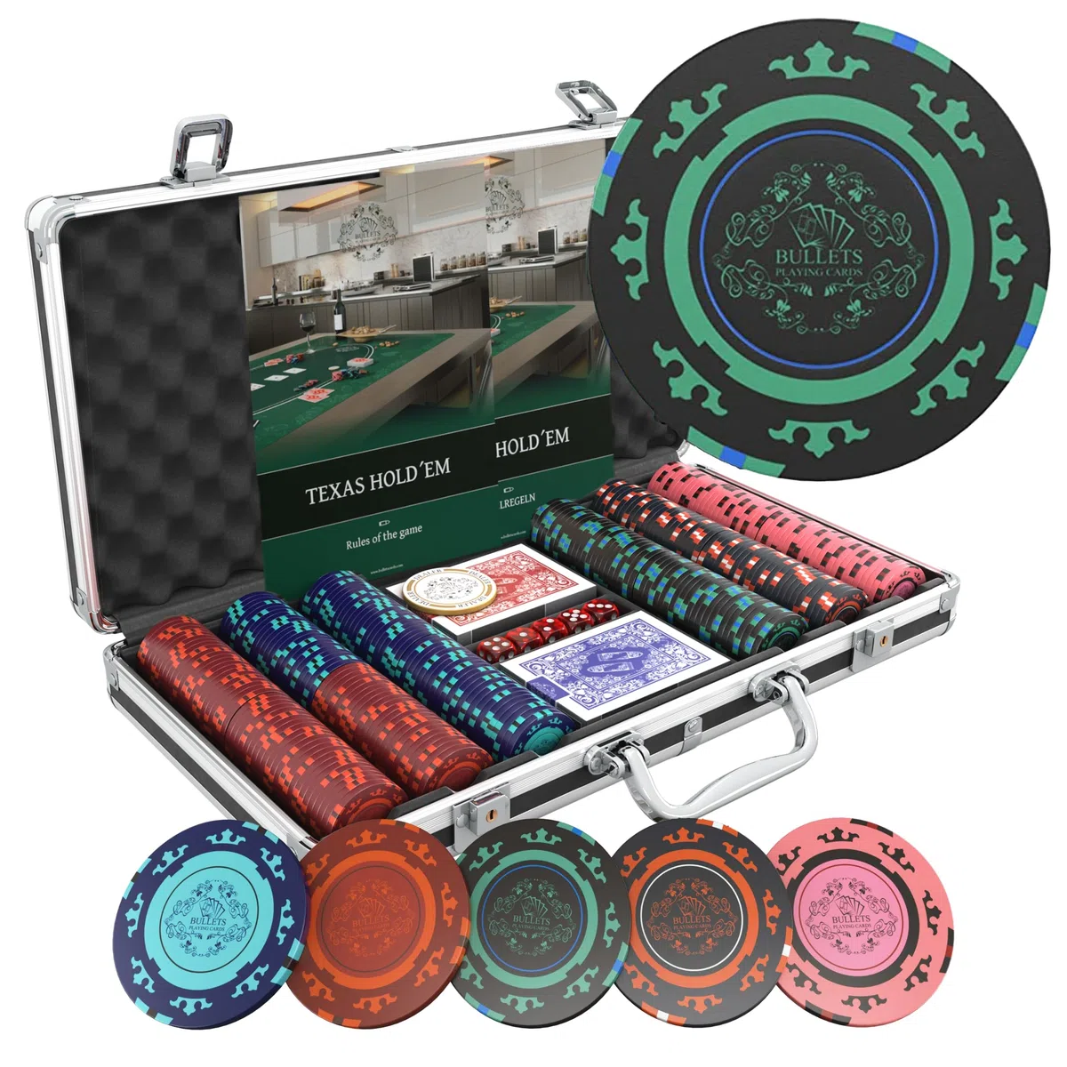 Bullets Playing Cards - Valigetta da poker Corrado – Set da poker con 300 chip da poker Clay senza valori – con pulsante di dealer in ceramica, confezione doppia di carte da poker